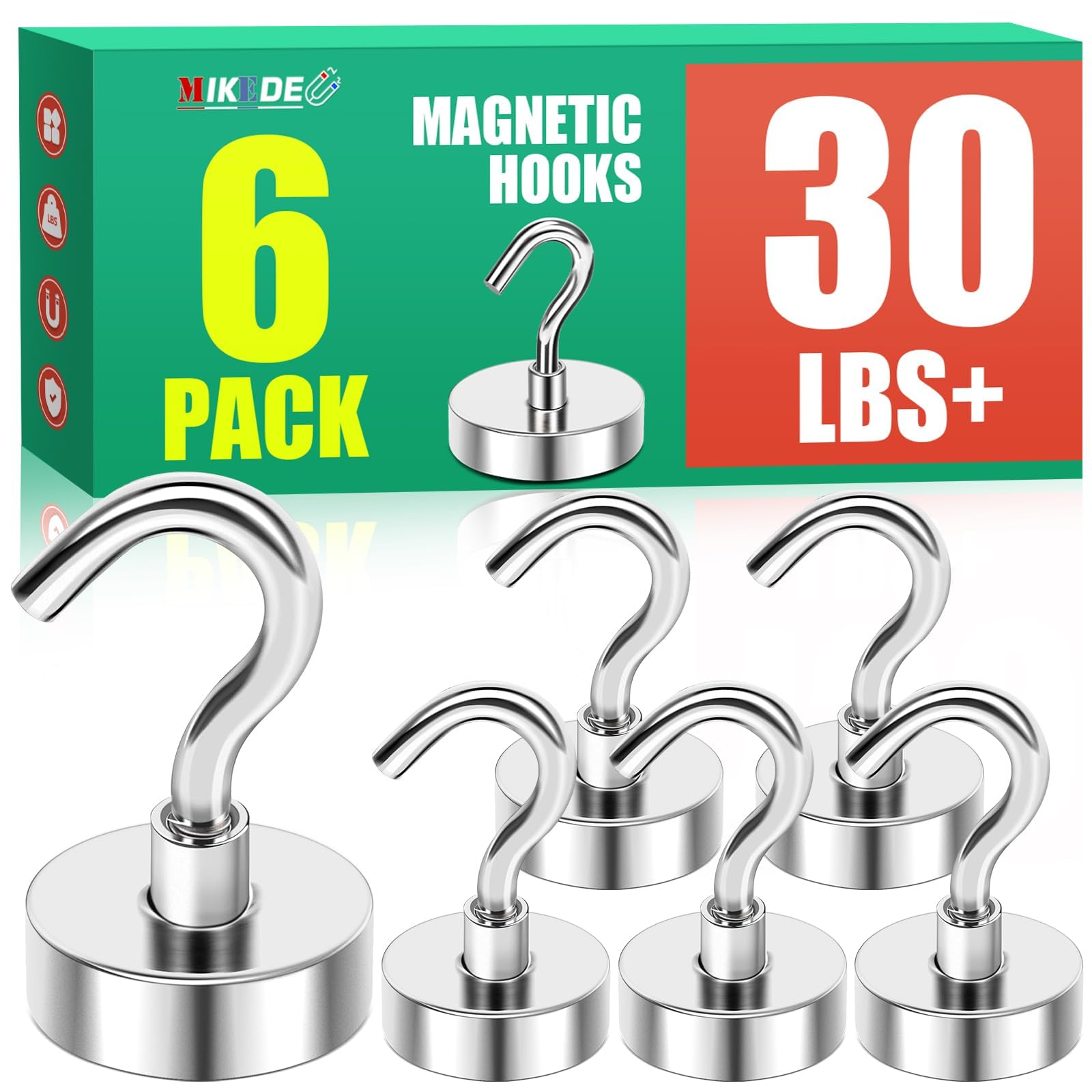 MIKEDE Magnetic Hooks Heavy Duty, 25Lbs Strong Rare Earth Neodymium Magnets With Hooks For Hanging, Magnetic Hanger Strong Cruise Hooks For Kitchen, Home, Workplace, Office&Garage, Pack Of 6, Silver