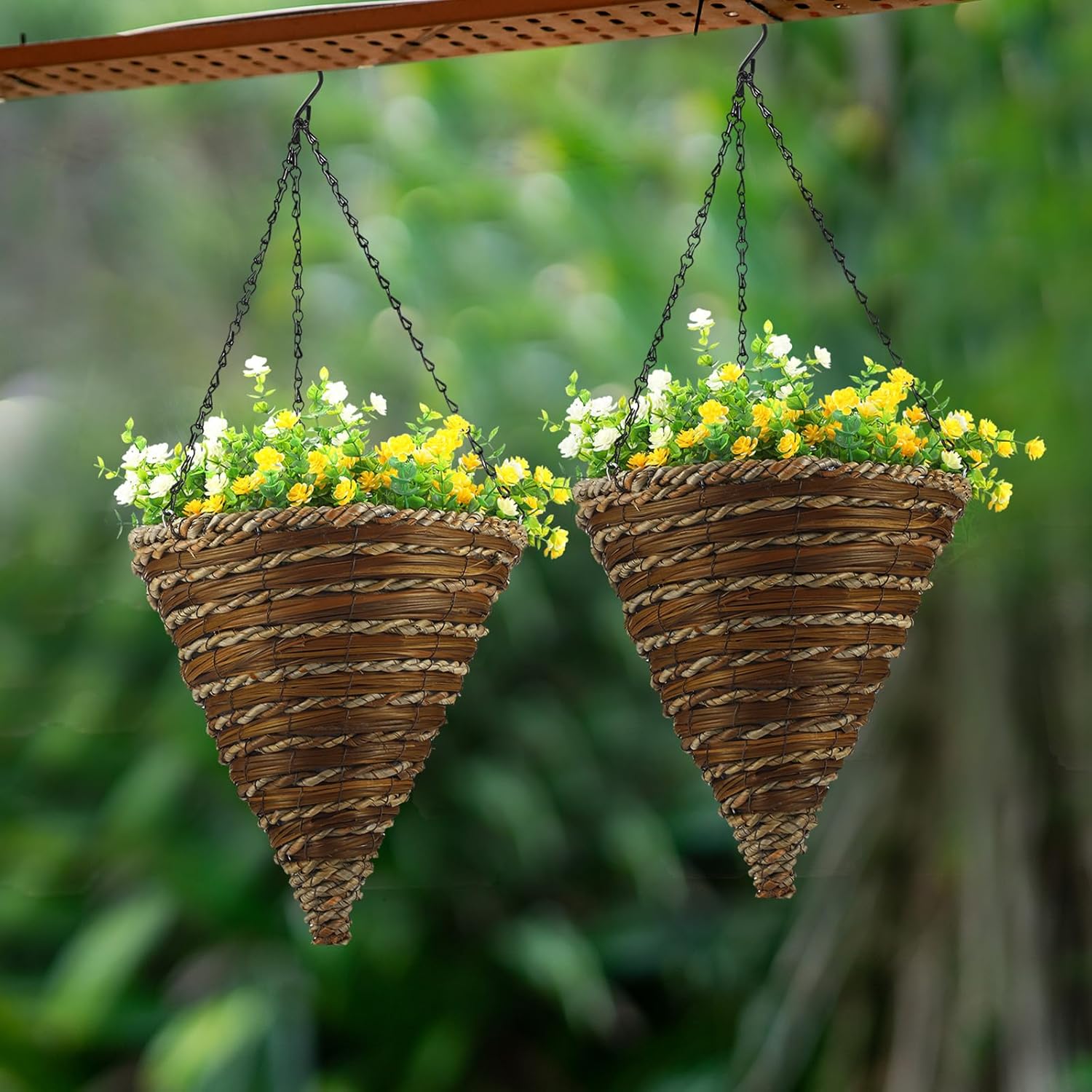 2 Pcs 12" Wicker and Rope Cone Hanging Basket Planters with Plastic Liner Decorative Hanging Flower Pot Cone Shaped Wicker Planters for Garden Plants Flowers