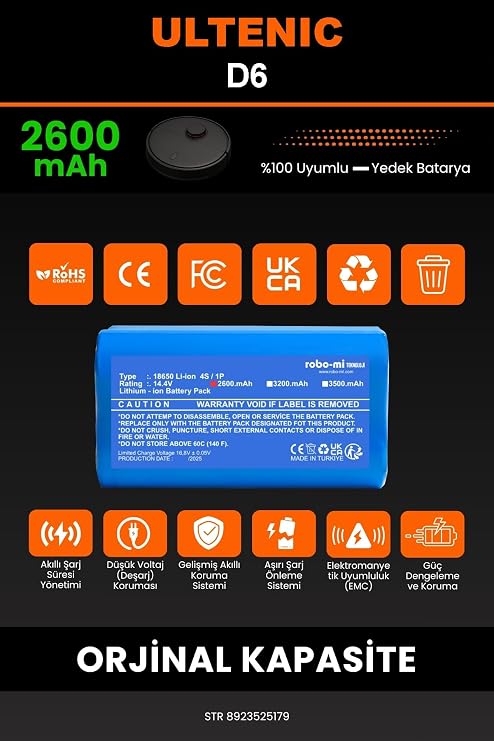 Ultenic D6 Robot Süpürge Uyumlu 2600mAh Yedek Batarya