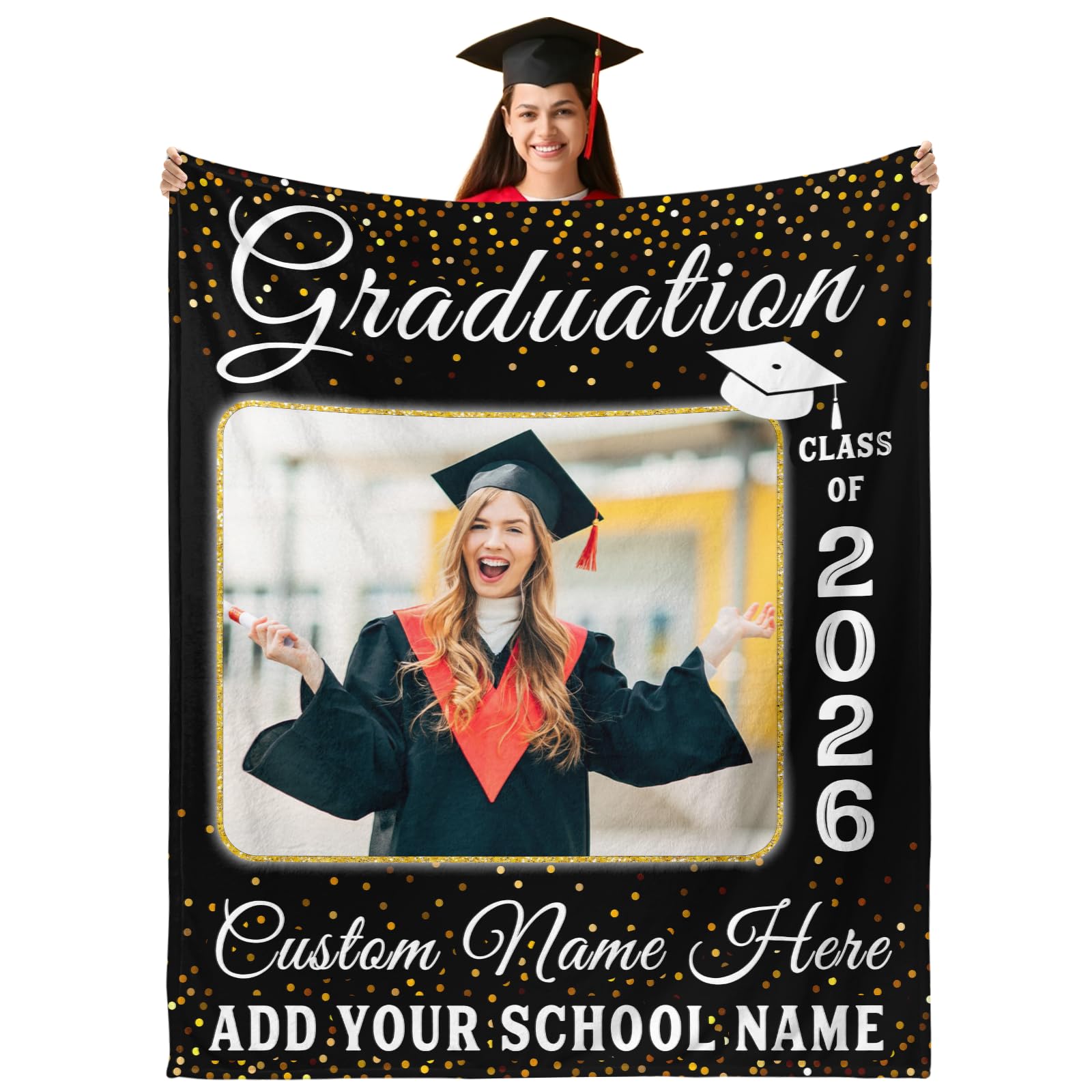 Ship Next Day,Graduation Gift Graduation Blanket 2026 Personalized with Pictures Text Custom College Class of 2026 Graduate Name Picture Throw