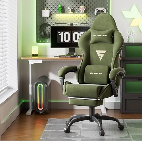 Miniatura 2 de Ferghana Silla ergonómica de tela de terciopelo para videojuegos con reposapiés y masaje, respaldo alto, silla reclinable para computadora para