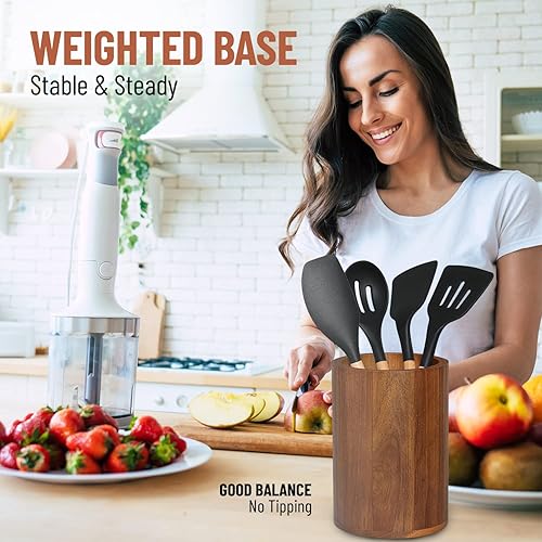 Miniatura 4 de Homeries Soporte para utensilios de madera de acacia para decoración de encimera de cocina, organizador de utensilios de cocina, organizador de