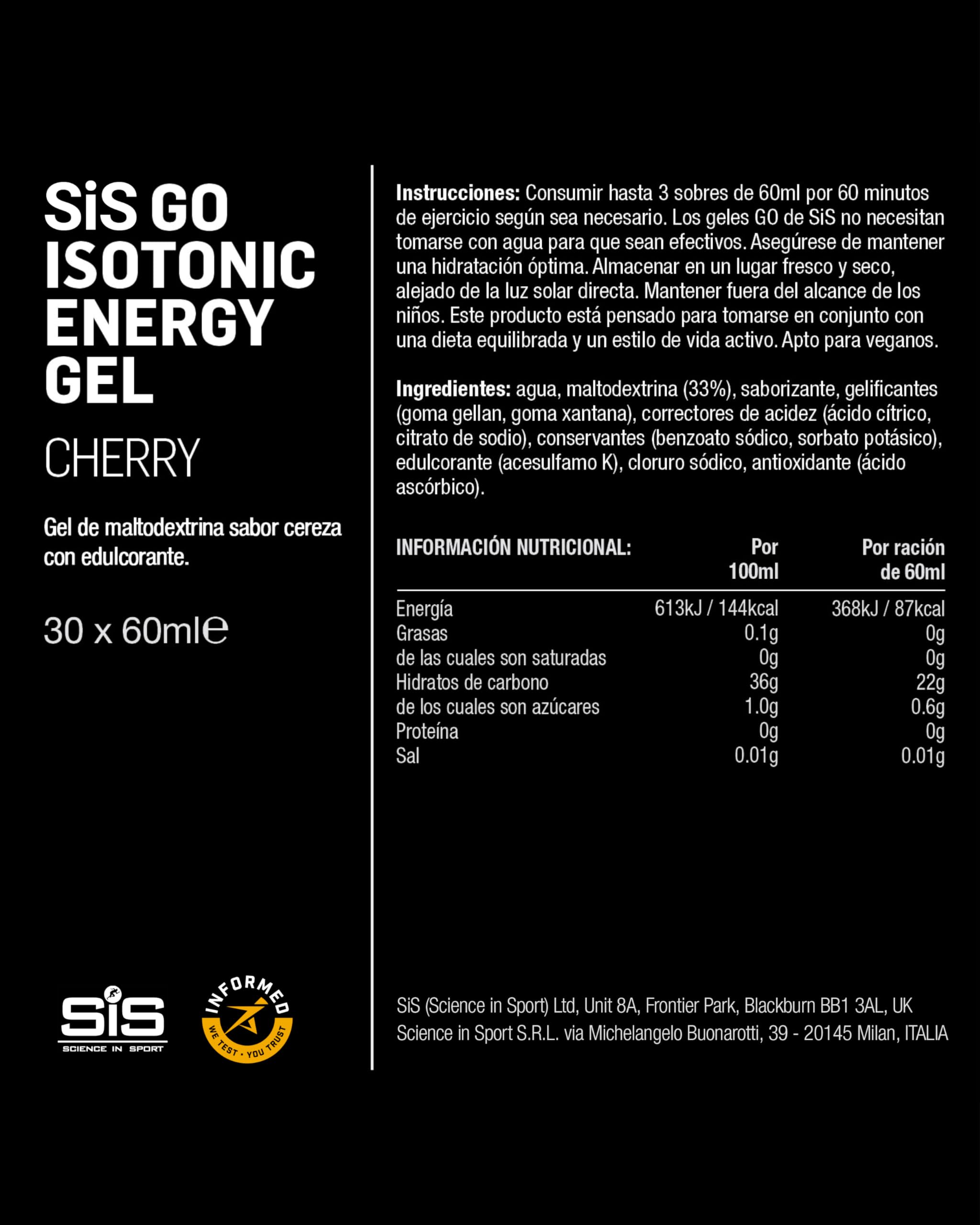 Science in Sport GO Isotonic Energy Gel 30 x 60ml Kirsche, Vegan - Isotonische Formulierung mit 22g Kohlenhydrate, Optimale Alternative für isotonische Getränke
