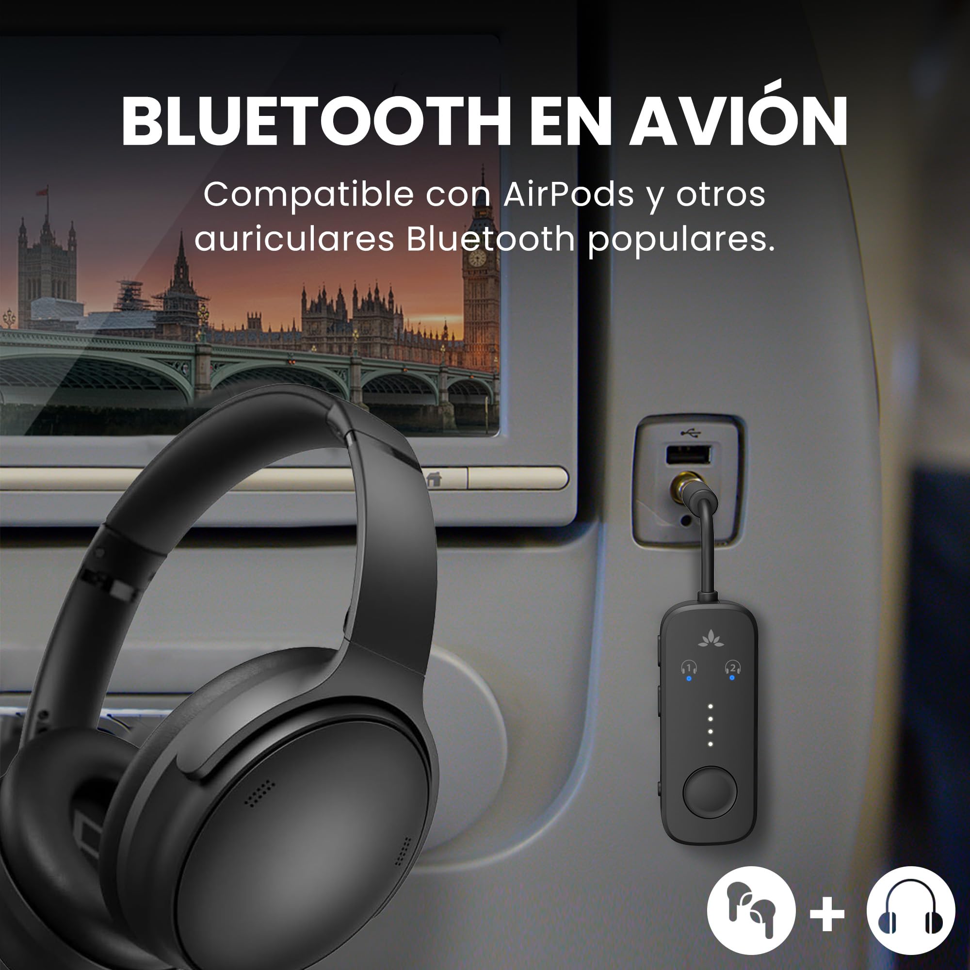 Avantree Relay – Adaptador Bluetooth 5.3 para Avión con Qualcomm aptX Adaptive, Compatible con 2 AirPods o Auriculares, 20 h de Batería, Transmisor de Audio 3,5 Mm AUX para Viaje, Vuelo, Gimnasio