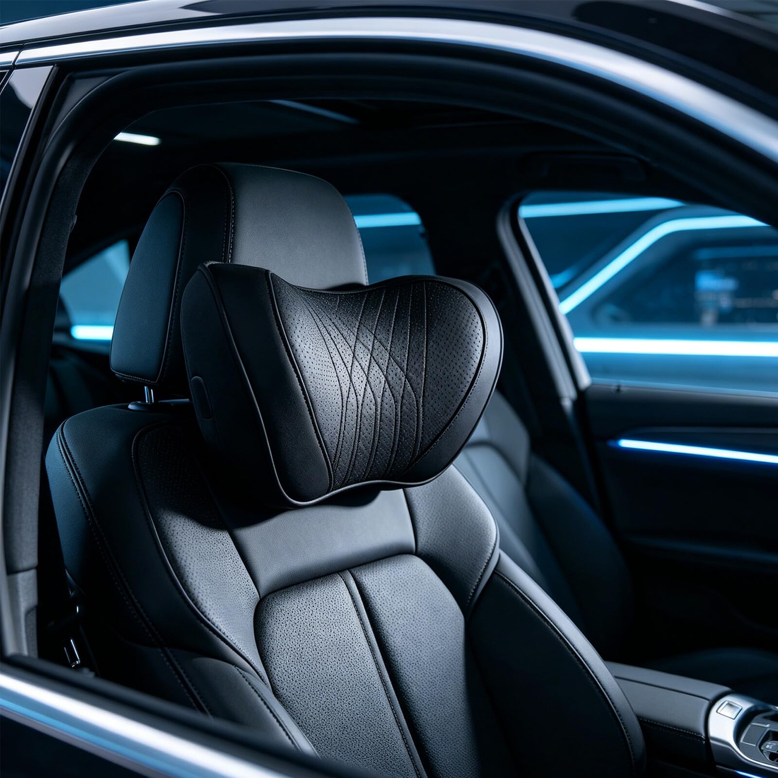 SHINEOFI Almohada Ajustable con Viscoelástica para Cuello de Coche y Cuero Negro y Funda Desmontable para Viajes de Verano en Asientos de Vehículo