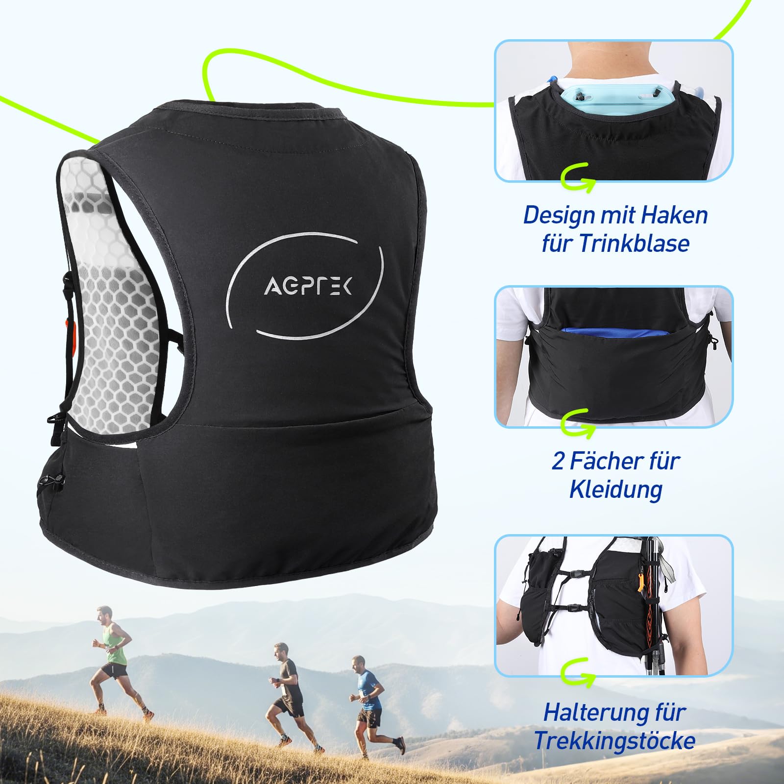 AGPTEK Laufweste für Damen & Herren, Verstellbare Brustgurte Laufrucksack, Leicht Trinkweste mit 2L Trinkflasche, Laufweste reflektierend für Jogging, Trailrunning, Fahrrad, Marathon, Schwarz (M)