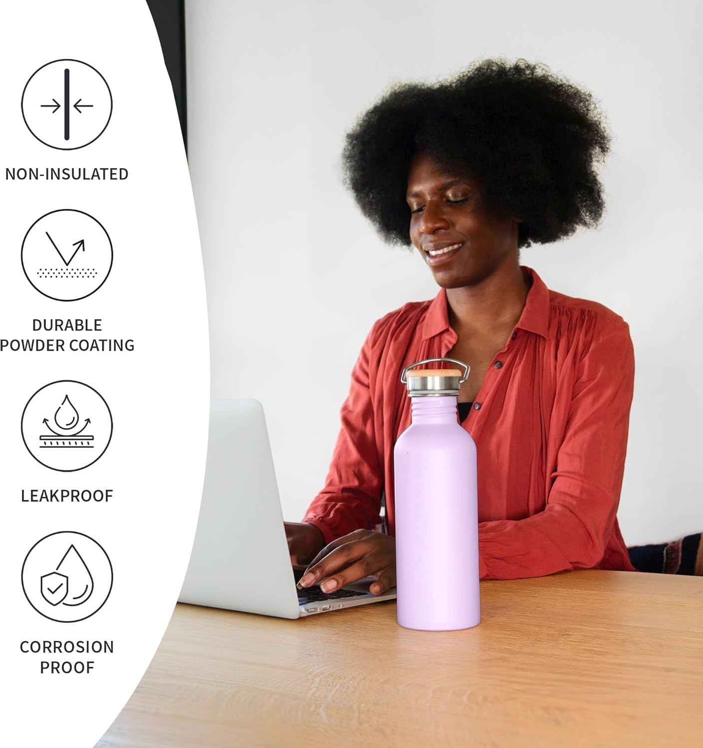 Bambaw Stainless Steel Water Bottle, Purple Water Bottle, 1 Litre Non-Insulated Stainless Steel Bottle, 1 Litre Sports Bottle, BPA-Free Bottle, Reusable Bottle – Light Lilac - Image 3