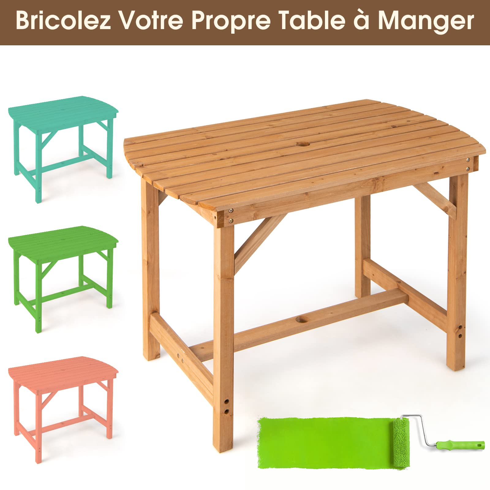 GOPLUS Table de Jardin en Bois de Sapin Massif 100X60X75 CM, Table de Salle à Manger Extérieure avec Trou de Parasol de 4 cm pour 4-6 Personnes, pour Pelouse, Patio, Jardin, Charge 180 KG