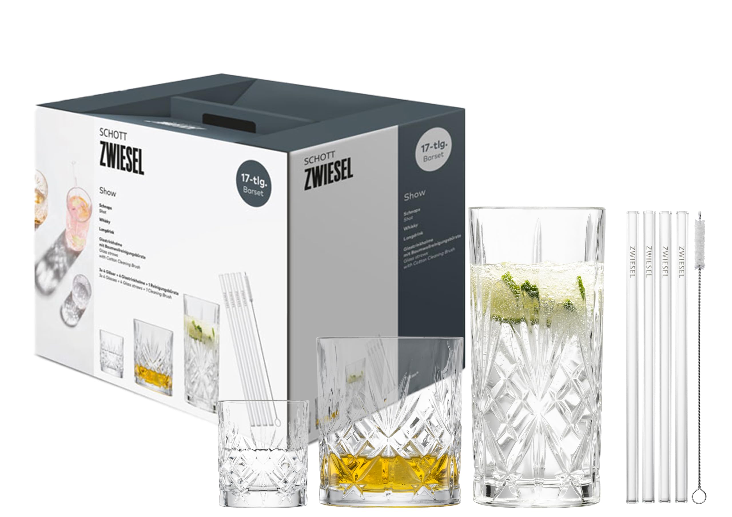 SCHOTT ZWIESEL Set de verres Show (set de 17), 4 gracieux verres à long drink, à whisky et à schnaps avec relief, 4 pailles et 1 brosse, verres en cristal résistant au lave-vaisselle (art. n° 124010)