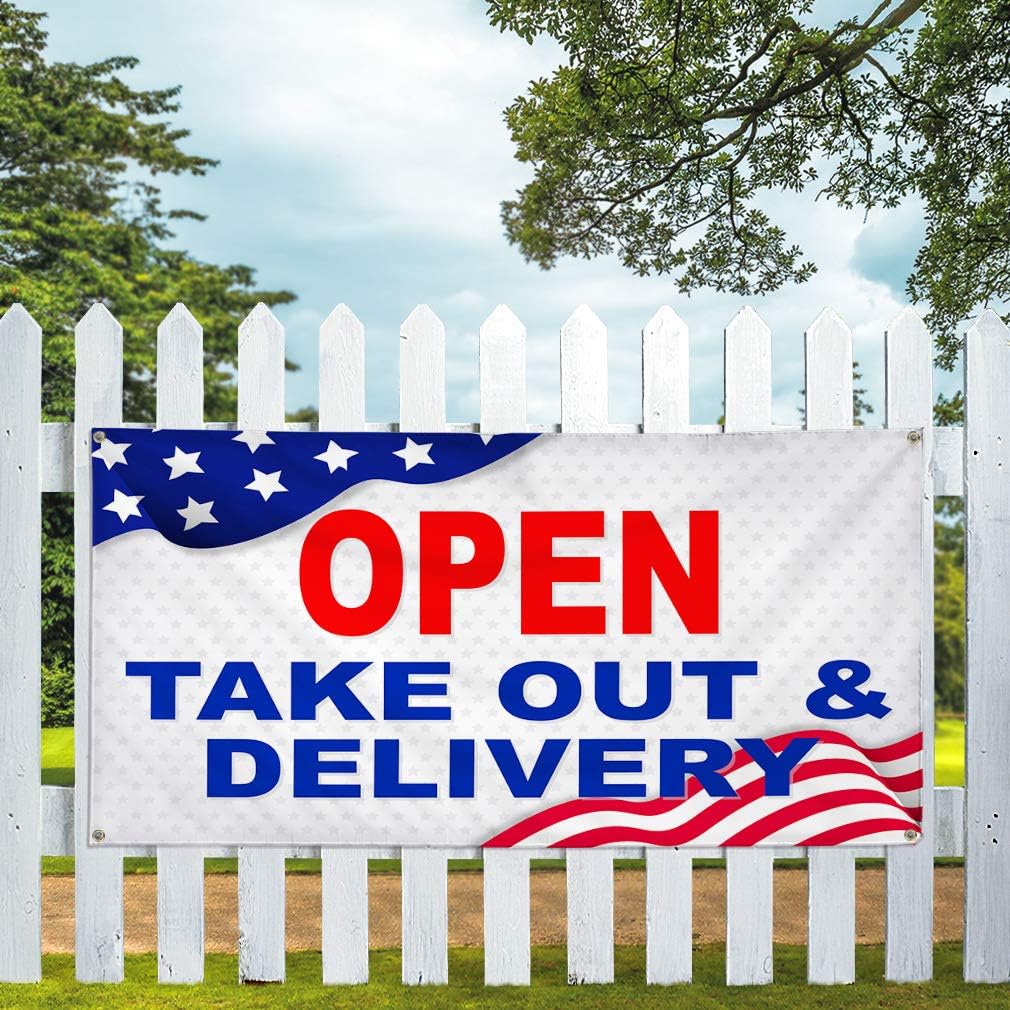 Vinyl Banner Multiple Sizes Open Take-Out & Delivery Cafe Restaurant Grocery Liquor American Flag Business Outdoor Weatherproof Industrial Yard Signs 4 Grommets 24x36Inches