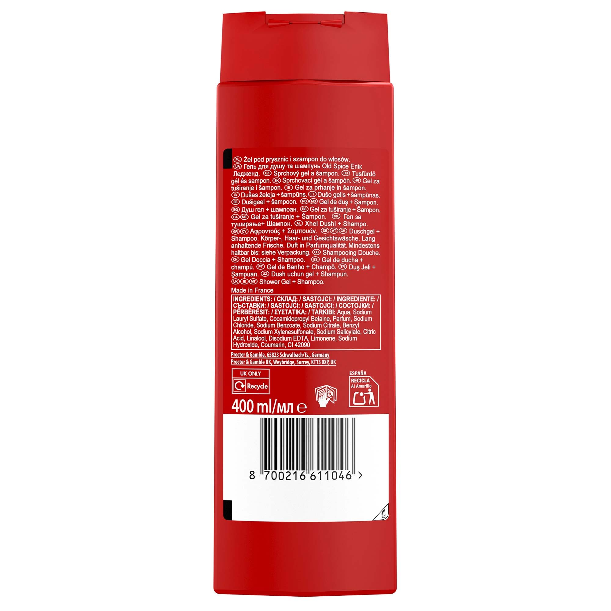 Old Spice Epic Legend Gel douche 3 en 1 pour homme 400 ml Pour cheveux, visage et corps, fraîcheur longue durée, parfum de qualité parfumée, formule nettoyante en profondeur