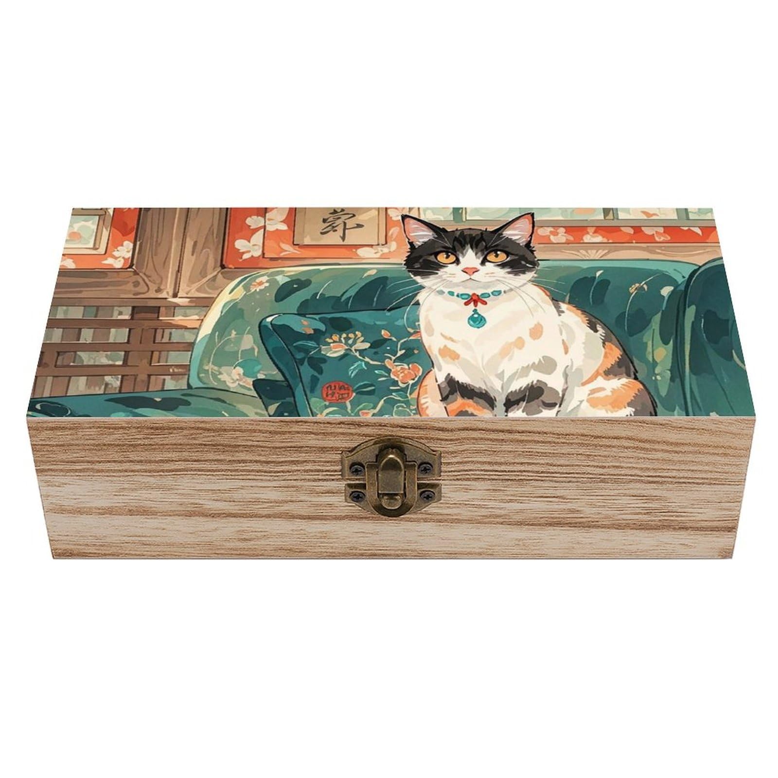 Boîte en bois chat mignon pour artisanat souvenirs organiseur naturel à couvercle