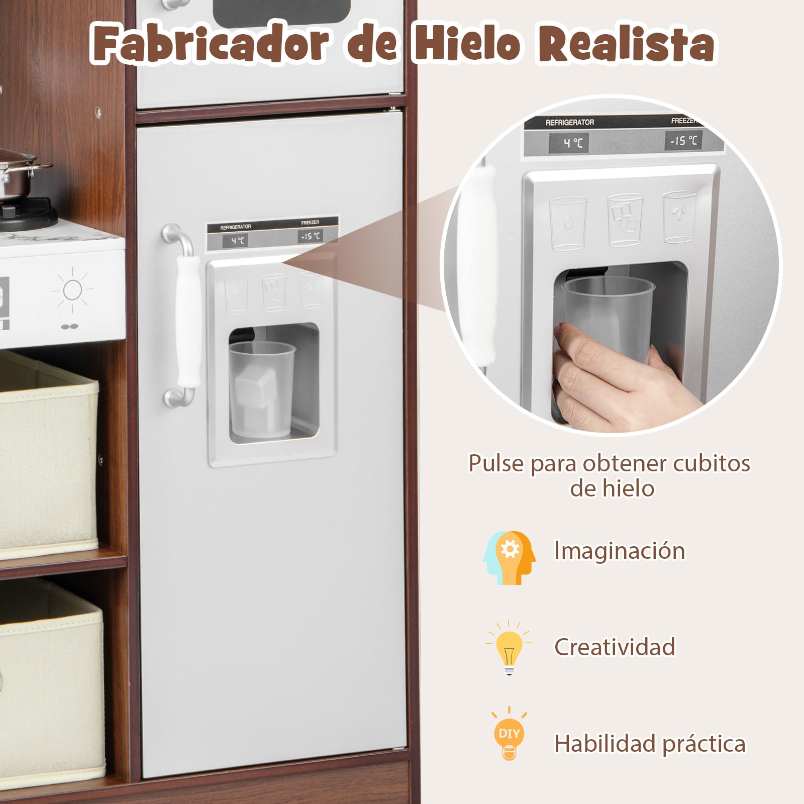 COSTWAY Juego de Cocina Juguete para Niños, Cocinita Infantil de Juguete con Luces y Sonidos Atractivos, Campana Extractora y Microondas, Máquina de Hielo y Pizarra, Fregadero, Toallero
