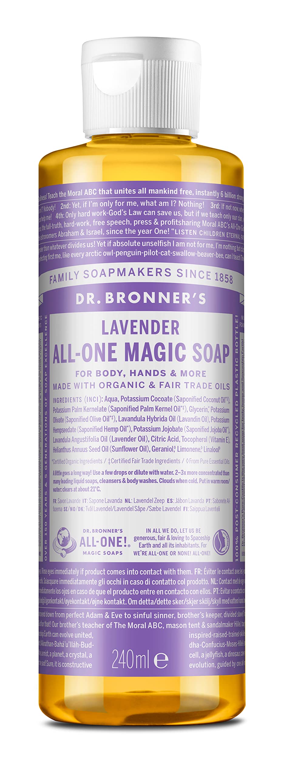Dr Bronner's 18-in-1 Peppermint Pure-Castile Liquid Soap, Made with Organic Oils, Used for Face, Body, Hair, Laundry, Pets and Dishes, Certified Fair Trade & Vegan Friendly, 473ml Recycled Bottle — view 24