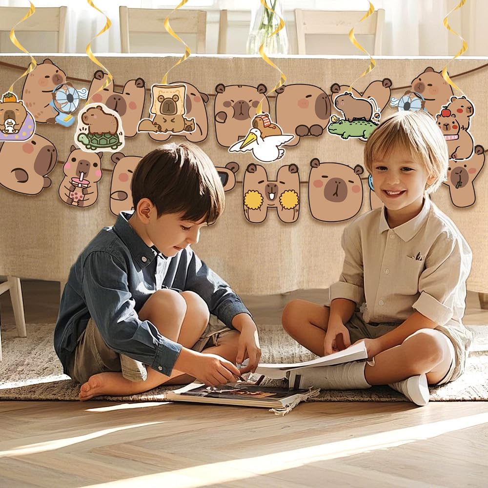 Capybara Birthday Decoration Set, Cute Animal Happy Birthday Banner, Capybara Party Supplies with Banner, Hanging Swirl, Cupcake Topper, Cake Topper, Balloon - Image 2