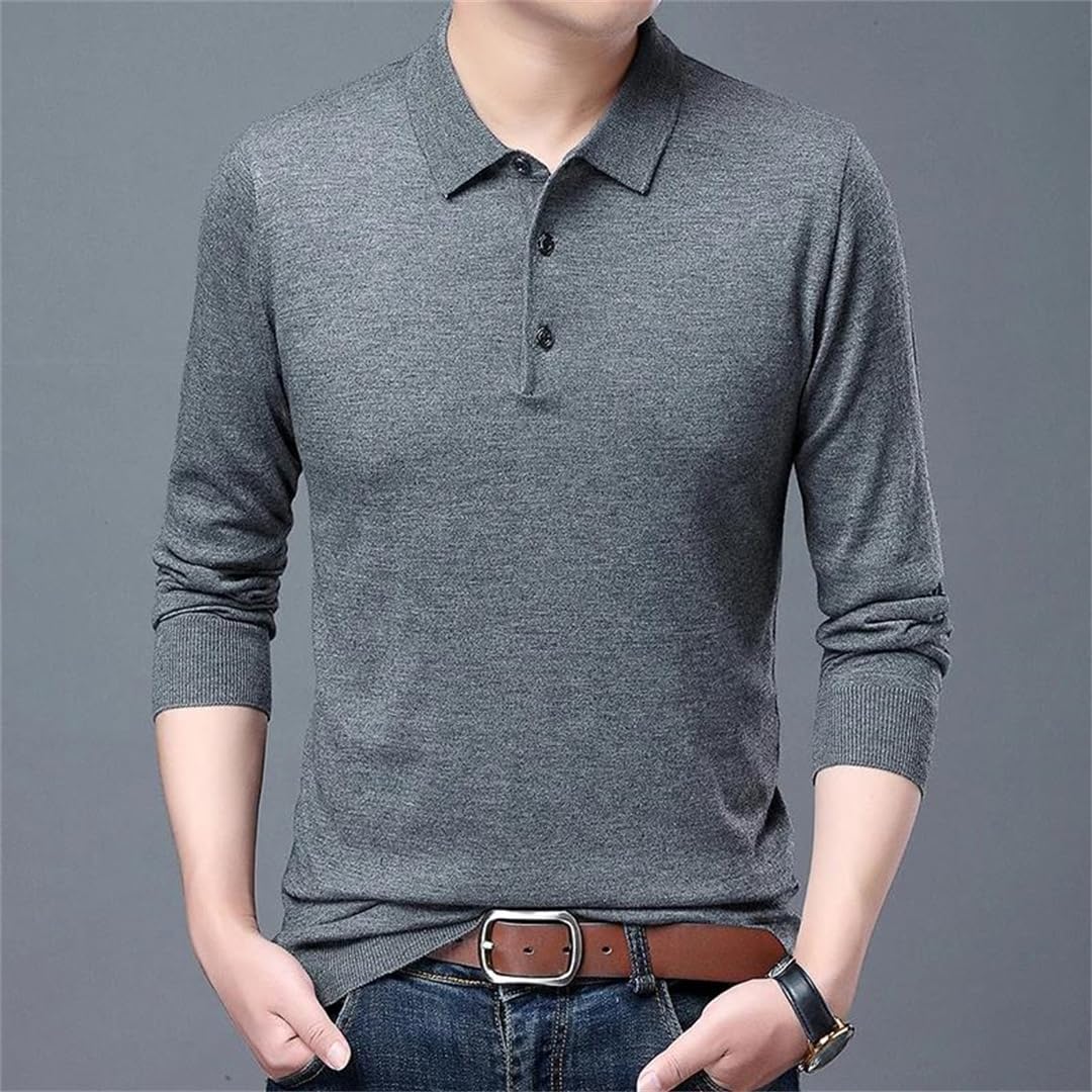 Vogrtcc Lässiges Langarm-Poloshirt für Herren, einfarbig, mit klassischer Knopfleiste