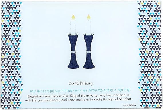 Rite Lite Tempered Glass Shabbat Candles Blessing Drip Tray | Luxury Jewish Shabbos Gifts Hostess Hebrew Modern Centerpiece Decor Blue & White 11.75