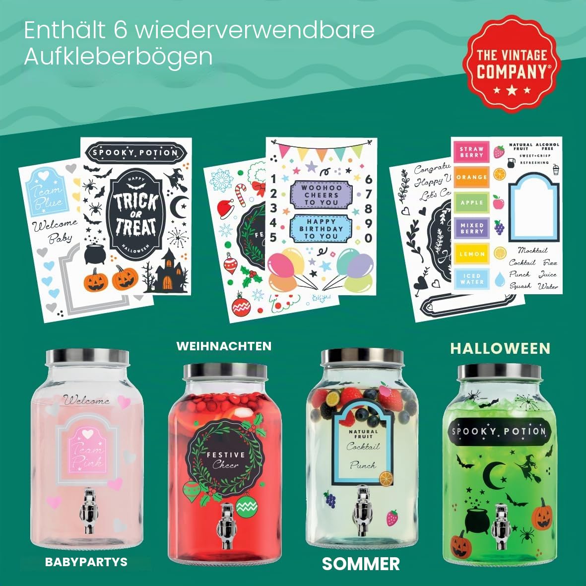 Getränkespender aus Glas mit Wasserhahn und Ständer, 5,5 l Fassungsvermögen, Wasserspender, 6 wiederverwendbare Aufkleberpackungen enthalten, sicherer Schraubdeckel/Wasser, Saft