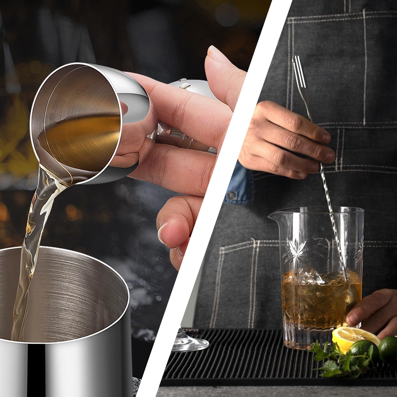 Jigger de cóctel para bartending, 1oz y 2oz plata acero inoxidable doble jigger,Bar Jigger con 0.25 oz, 0.5 oz, 0.75 oz y 1.5 oz marcas de medición interiores, Jigger de medición de cóctel con cuchara 6