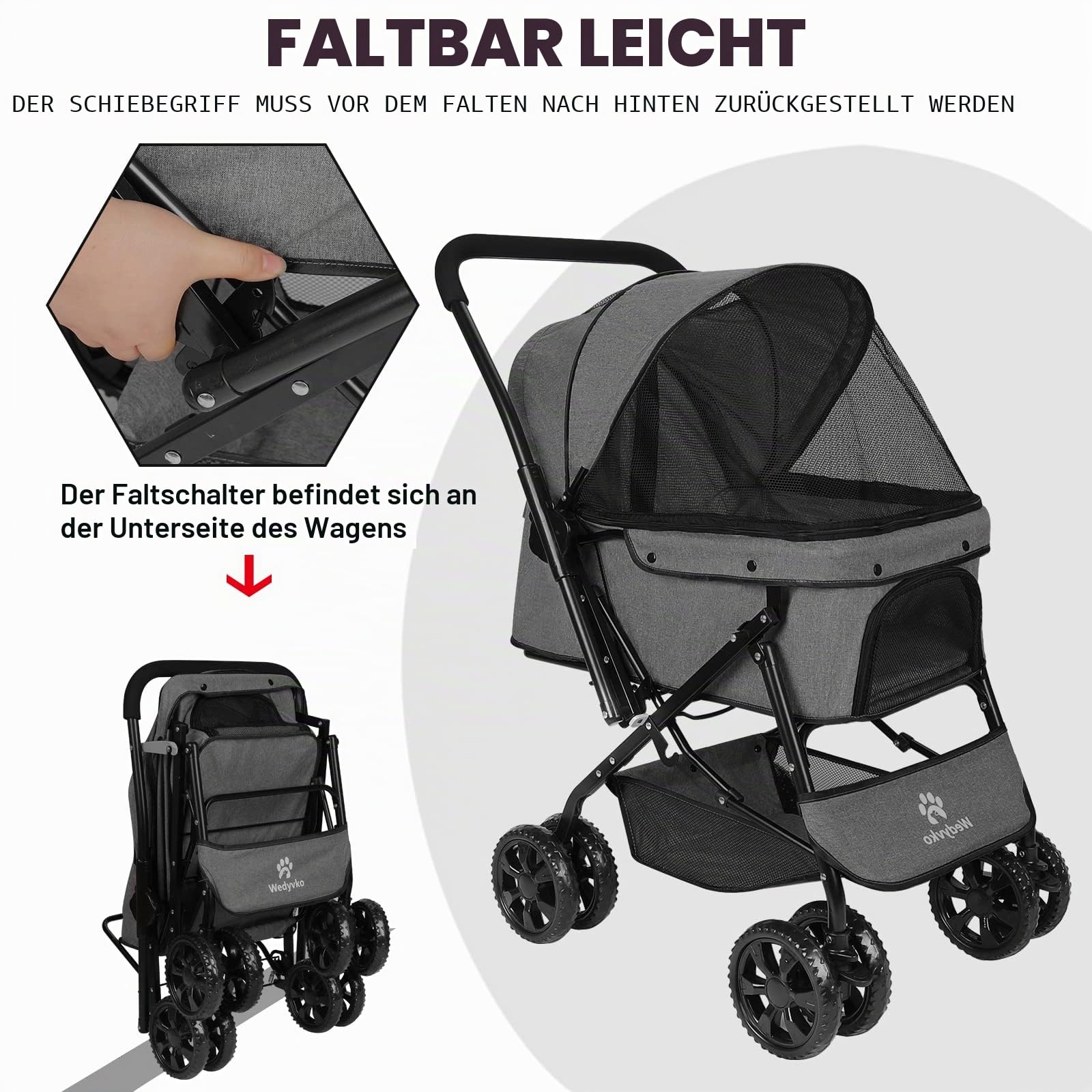 Haustier-Kinderwagen – Hunde-Kinderwagen für mittelgroße Hunde und Katzen mit wendbarem Griff, leicht zu gehender Hunde-Kinderwagen um 360 Grad drehbar, für kleine Hunde mit Netzfenster (Gark grau)
