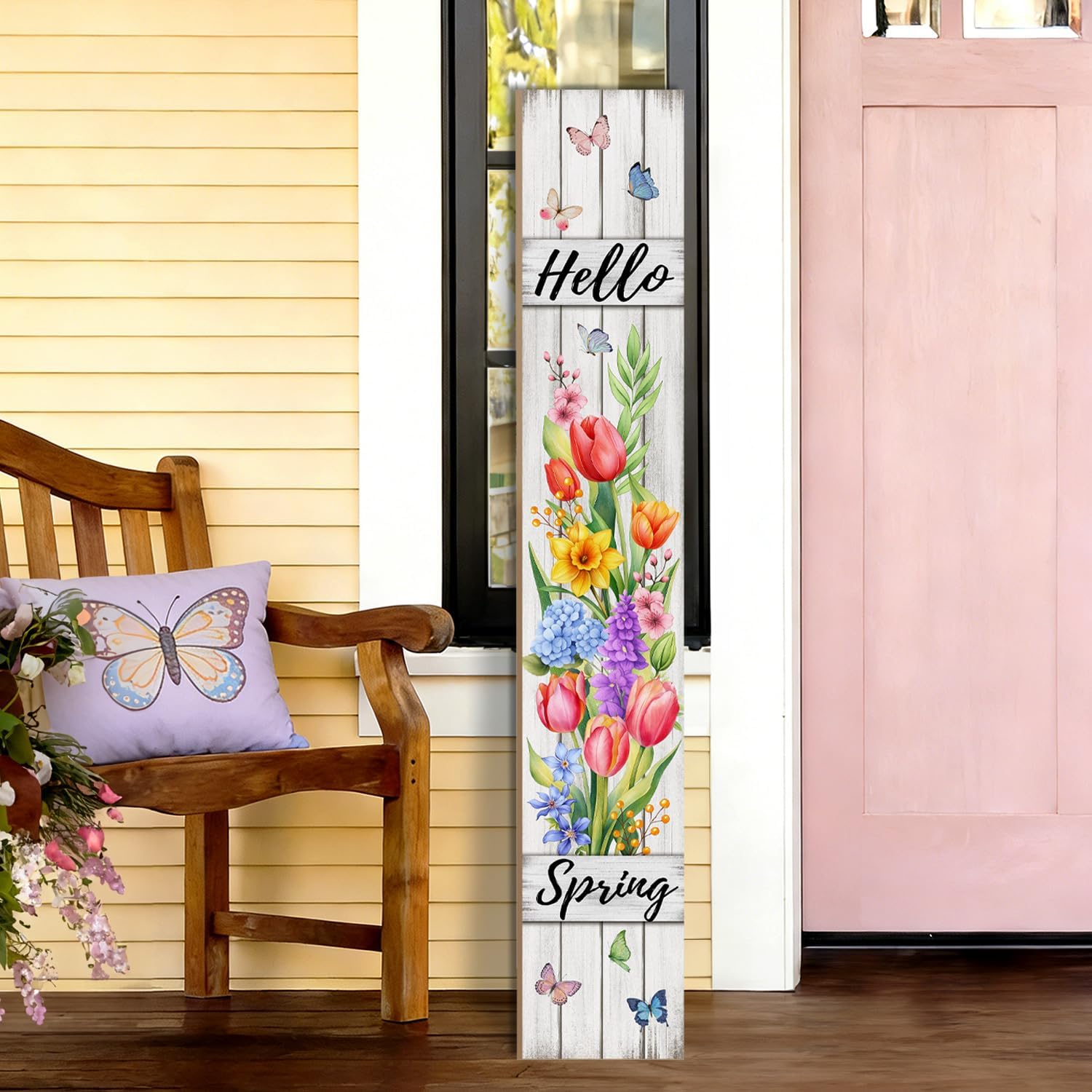 Hello Spring Porch Sign Tulip Butterflies Welcome Sign Rustic Vertical Standing Sign For Front Porch Decor Farmhouse Hanging Wall Sign for Patio Yard Party Indoor Outdoor Decoration 47.2"H