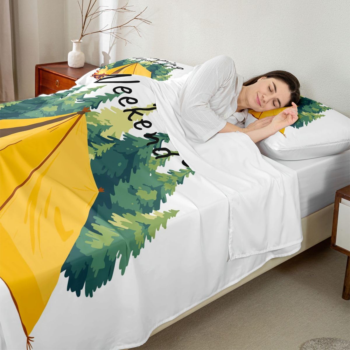 Homewish Camper Camfire zestaw pościeli do namiotu, podwójne, kempingowe, rustykalne prześcieradła, obóz, sosna, zielone, zestaw pościeli w stylu wiejskim, 4-częściowy