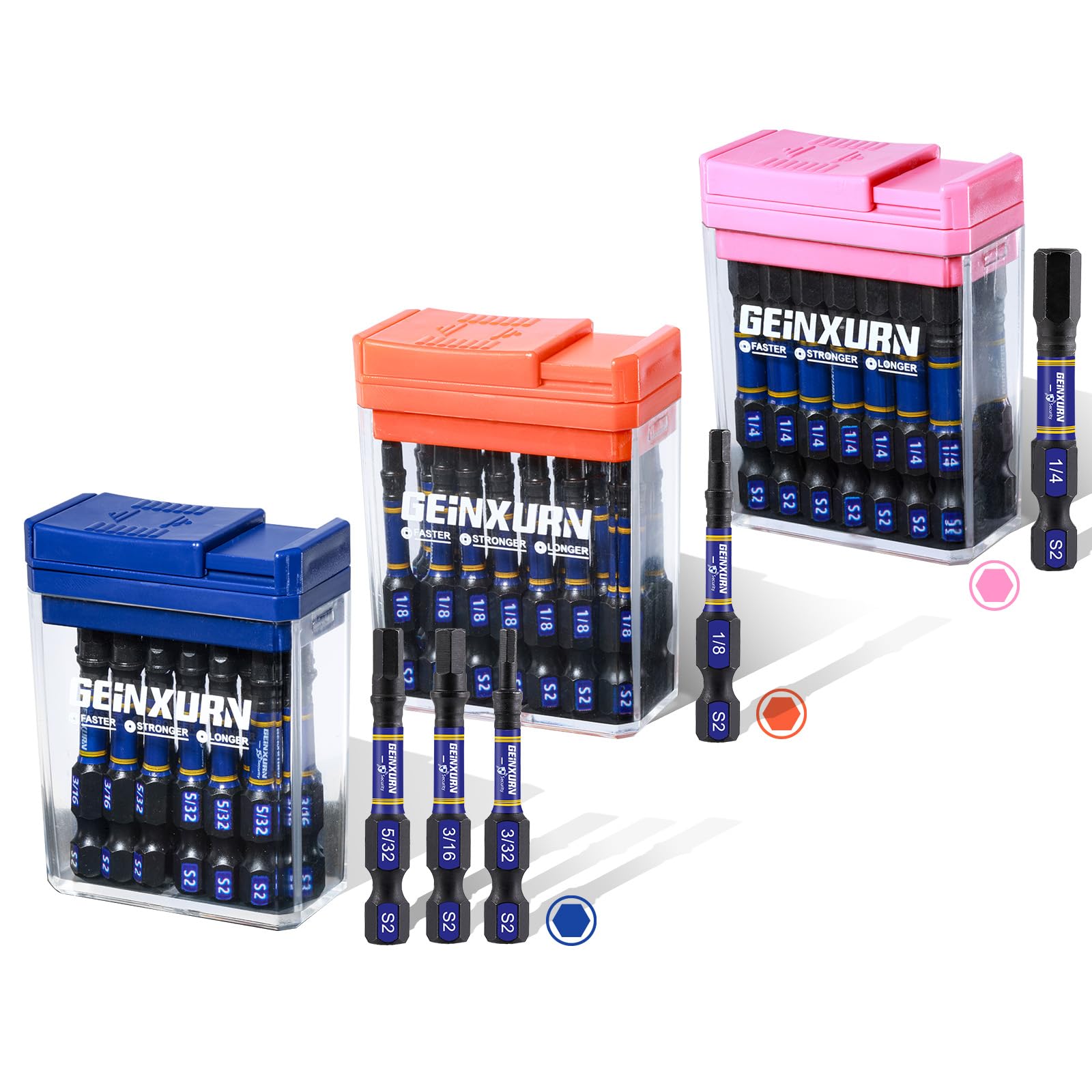 Geinxurn Impact Hex Screwdriver Bits Set,45 Pcs 2" Magnetic SAE (5/32",3/16",1/8",1/4") S2 Steel Multi Driver Bits with Storage Colorful Box