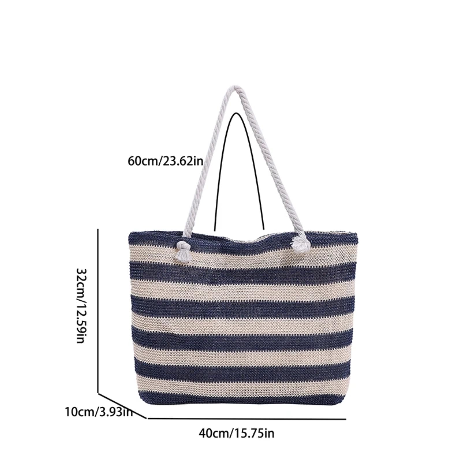 Borsa Spalla Paglia di Trasporto Tessuta con Maniglie Corda Annodate per Il Mare E I Viaggi Tempo Libero Giornalieri-black-40x 10x32cm