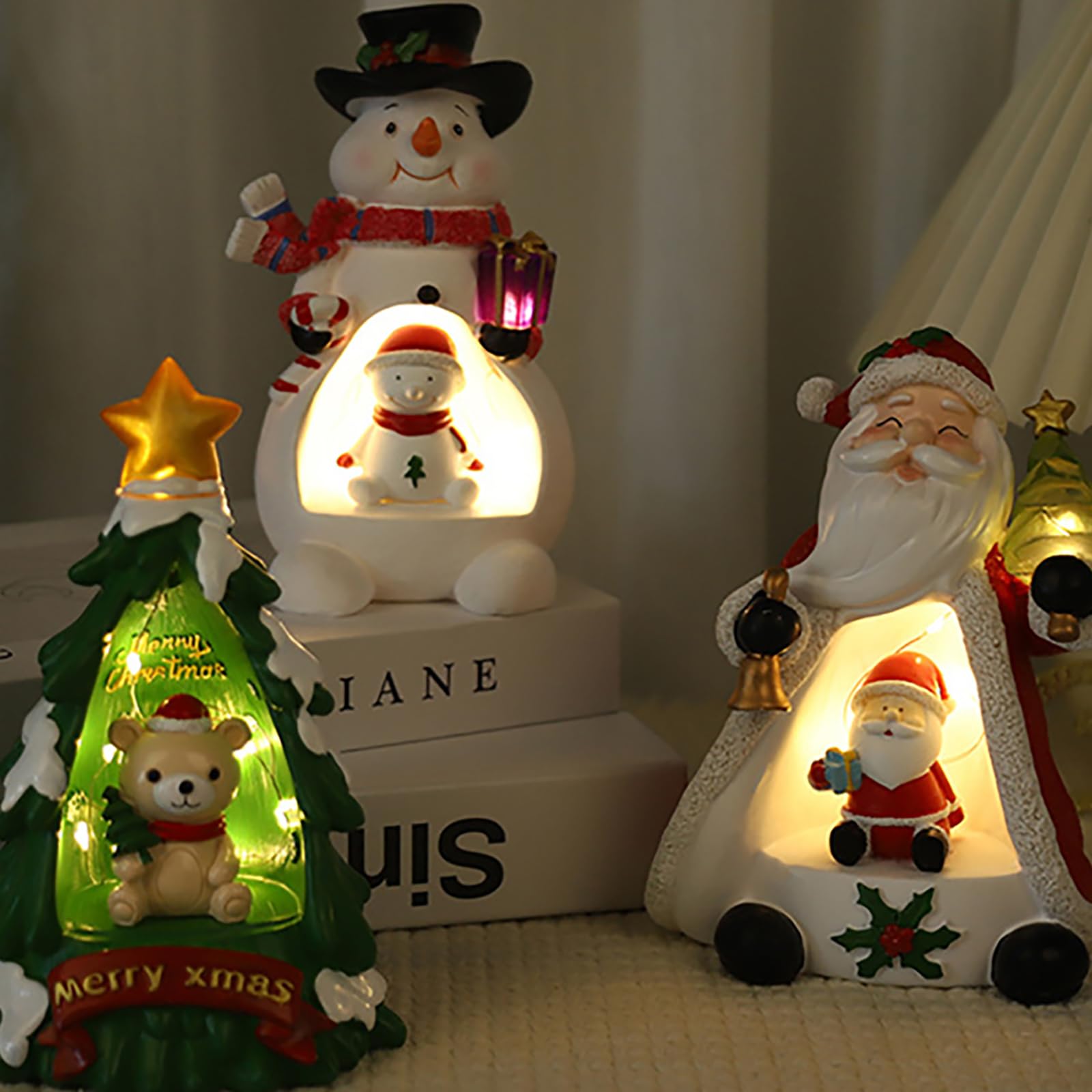 Figura decorativa de resina con luces LED de Papá Noel, muñecos de nieve, árboles de Navidad, para decoración del hogar