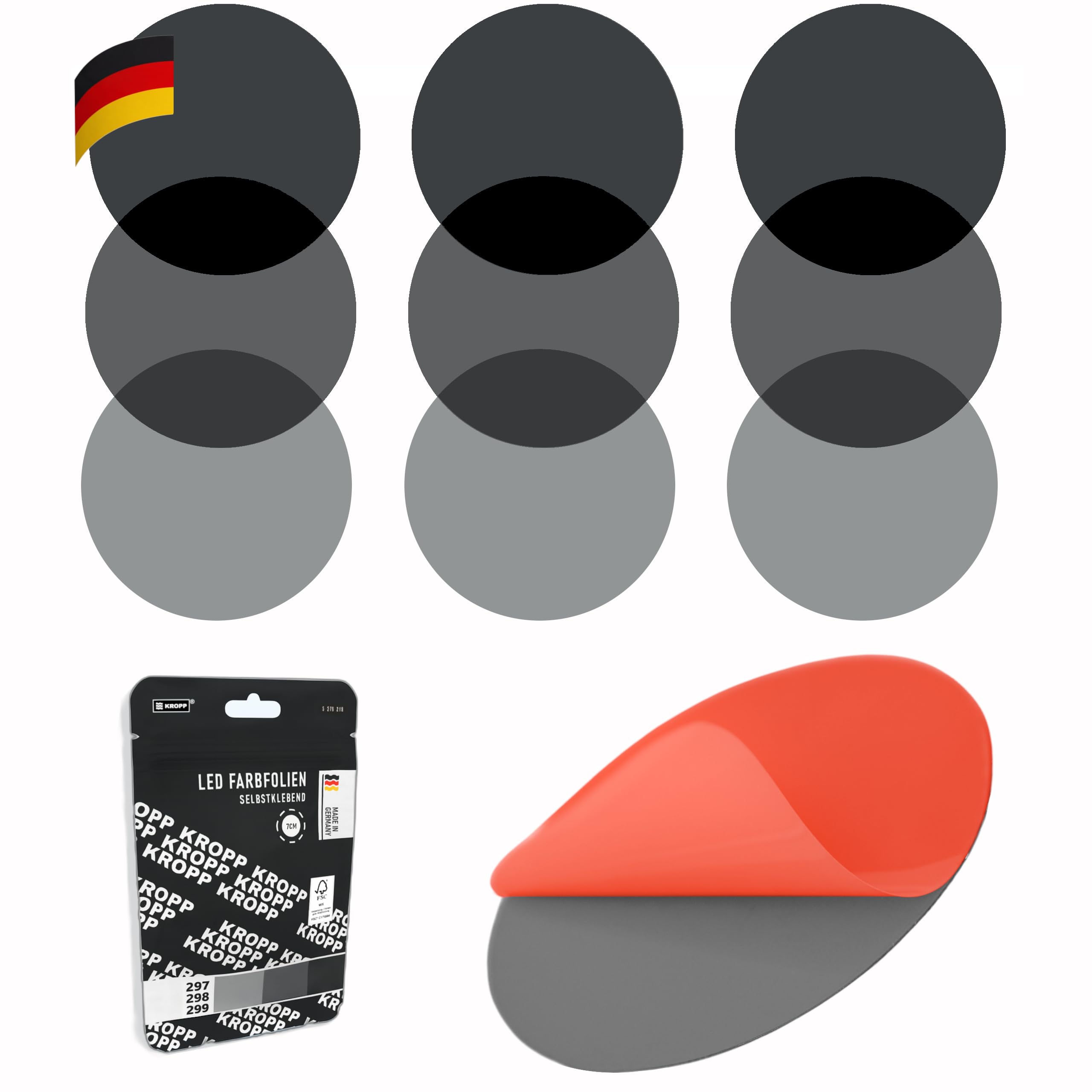 KROPP Selbstklebende Dimmfolien für LED Lampen, 7 cm Kreiszuschnitt, Farbfilter zur Abdunkelung, 3 Intensitäten Neutraldichte (ND) Graufilter, Lichtdämpfung, Filterset mit 9 Stück (⌀ 70 mm)