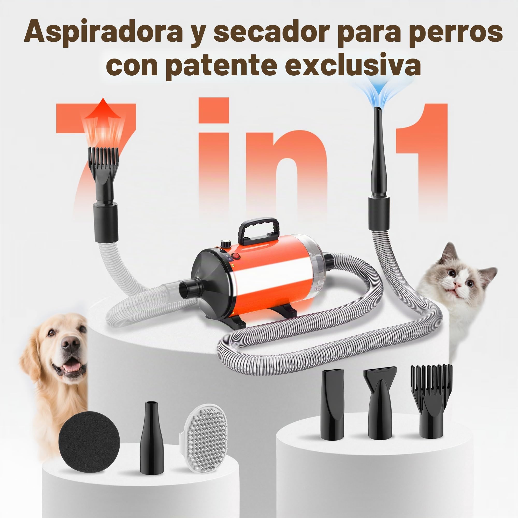 DEWINNER Blower Secador de Pelo Perros 3200W Pulsómetro para Perros con Aspirador Animales Velocidad y Temperatura Ajustable con 5 Boquillas Diferentes 1 Tubo Elástico y