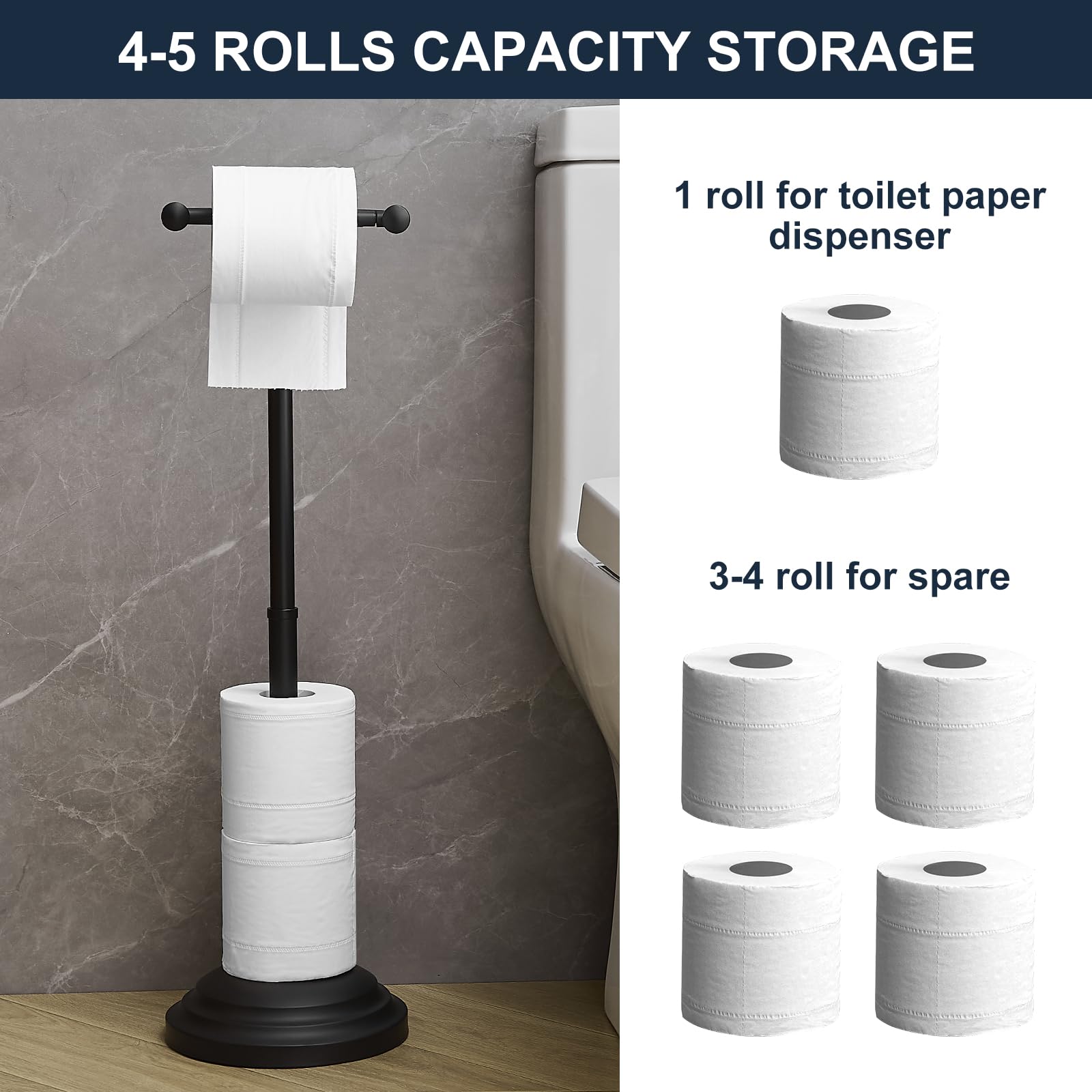 Toilettenpapierhalter, verstellbar (34,5 cm bis 57,9 cm), freistehend, Toilettenpapierhalter, Edelstahl, mit Aufbewahrung, Mattschwarz