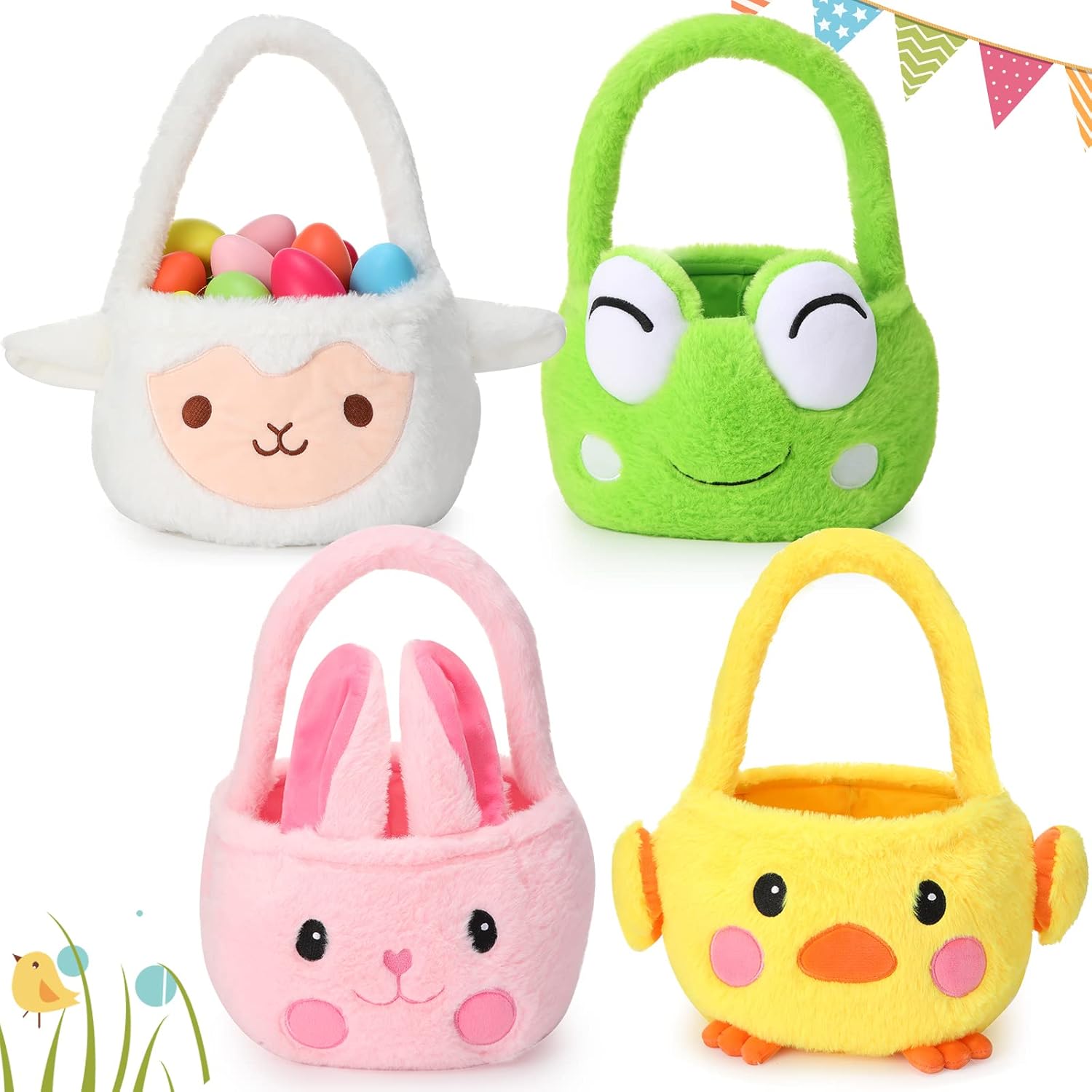 4 Pcs Easter Basket for Kids Plush Easter Bunny Chick Sheep Frog Basket Easter Egg
