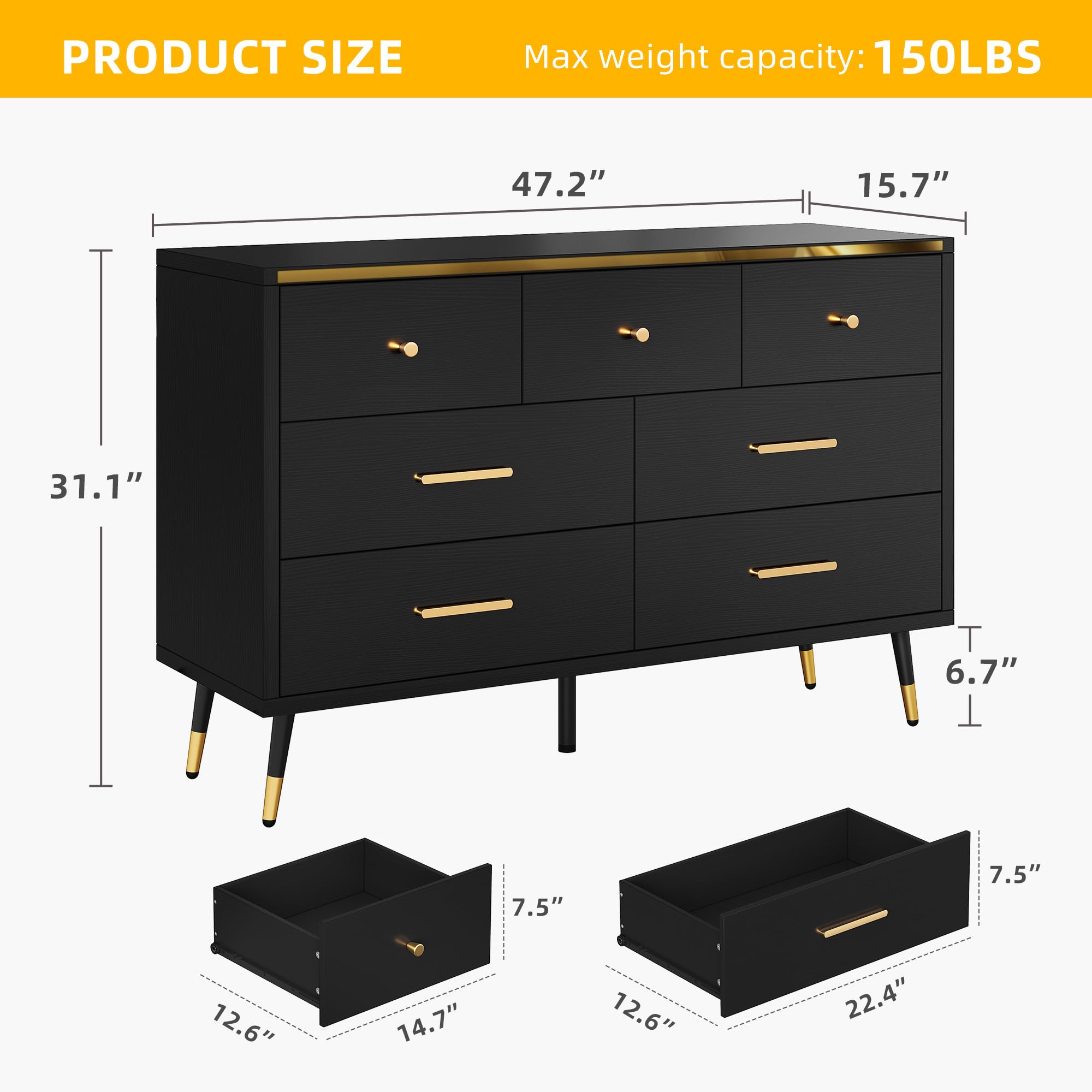 DWVO Black 7 Drawer Dresser, 47" W Large Modern Double Dresser Chest of