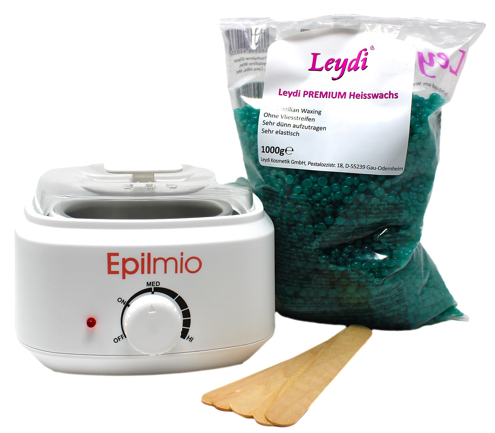 Leydi Brazilian Waxing Set Basic Azulen – Elektrischer Wachserhitzer mit 1000g Heißwachsperlen – Waxing Set für Zuhause – Inkl. Spatelset – Für Intim, Körper & Gesicht