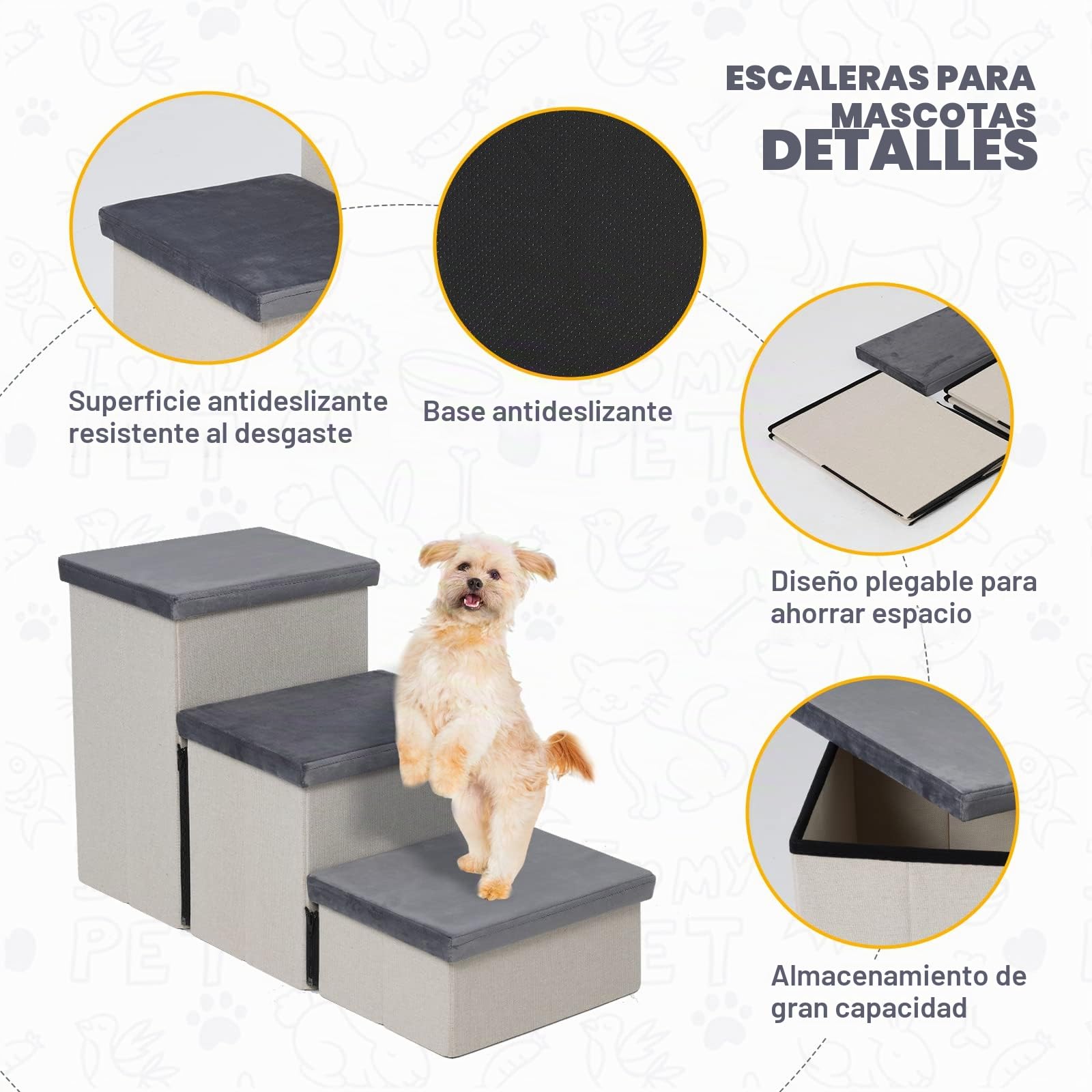 Escaleras Plegables de 3 Peldaños para Mascotas,Perros y Gatos,Escalera con Amplio Almacenamiento,Ahorra Espacio,Resistente,74x33x44 cm