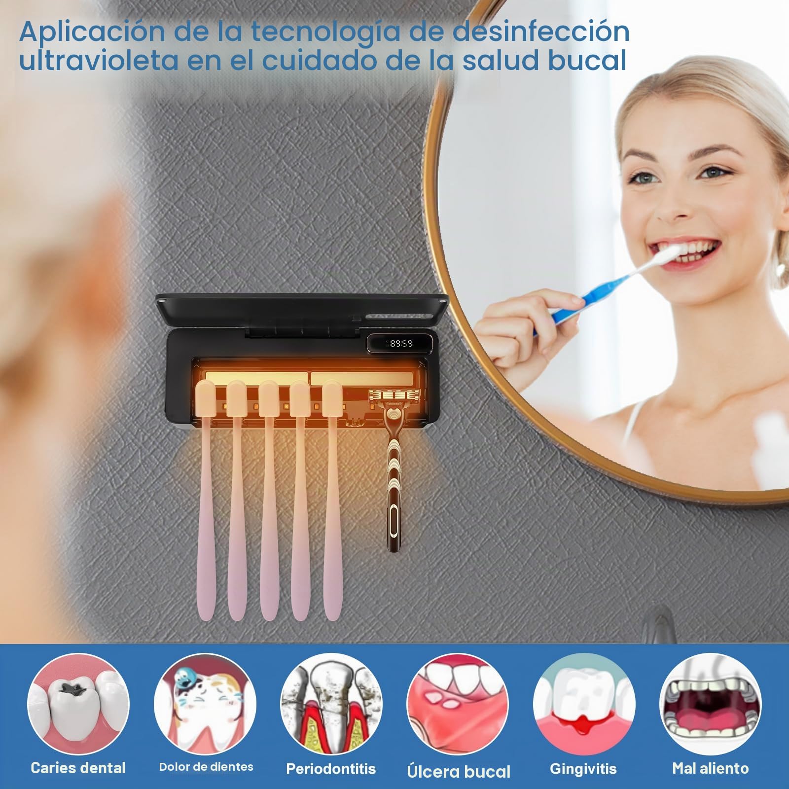 Porta Cepillo de Dientes con Esterilizador UV & con 7 Ranuras para Dispensador Pasta de Dientes, USB Recargable 2000mAh, Soporte Cepillo de Dientes Eléctrico UV para Casa, Baño, Ducha (Negro)