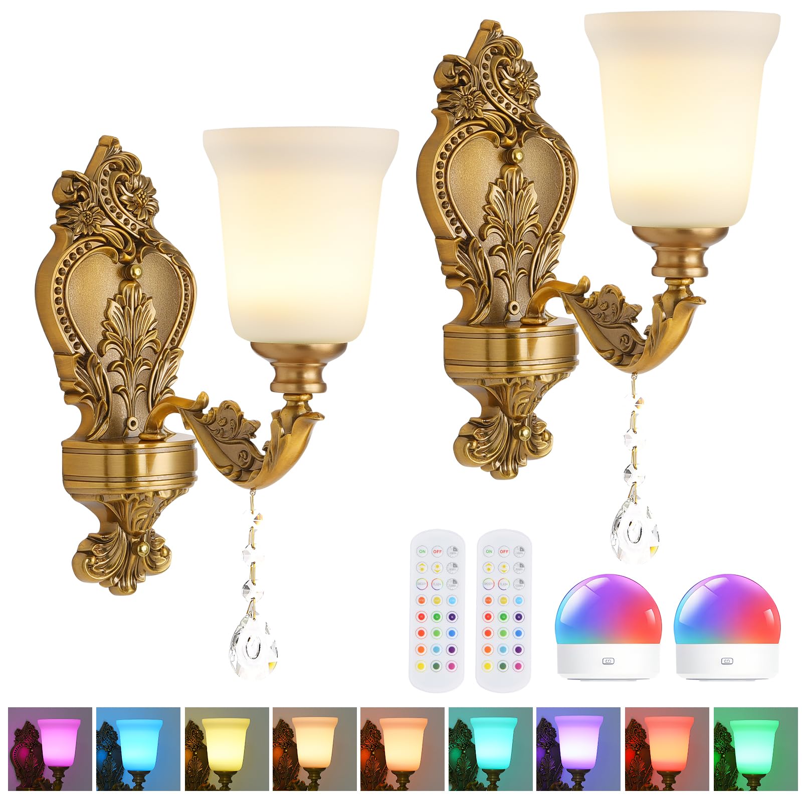 Photo 1 of Battery Operated Wall Sconce Set of 2, RGB Dimmable Rechargeable Wall Light with Glass Shade, 48hr Battery Life Wireless Sconce with Remote Control Timer, Farmhouse Rustic Style Wall Lighting Fixture