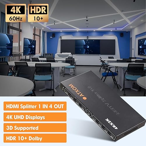 Miniatura 9 de ATXOM Divisor HDMI 1 en 4 salidas - Pantalla HDMI 1x4 duplicadaespejo - Divisor alimentado Full HD 1080P, 4K - Una fuente a cuatro pantallas