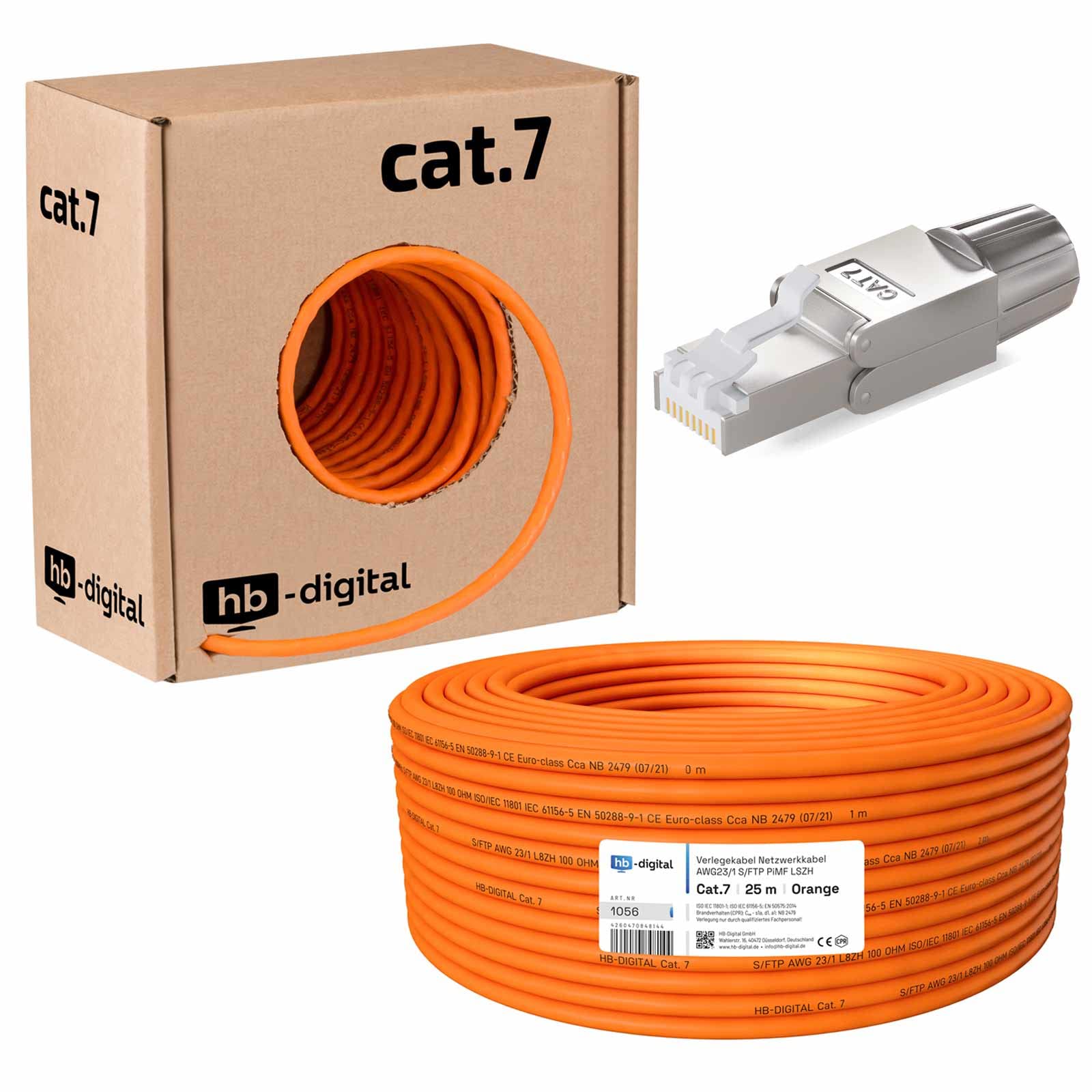 HB-DIGITAL Set: cavo di rete CAT.7 25 m AWG23 puro rame S/FTP PiMF LSZH senza alogeni RoHS-Compliant GHMT Ethernet PoE 10 Gbit/s 1000 MHz arancione + 8 connettori di rete Cat.7