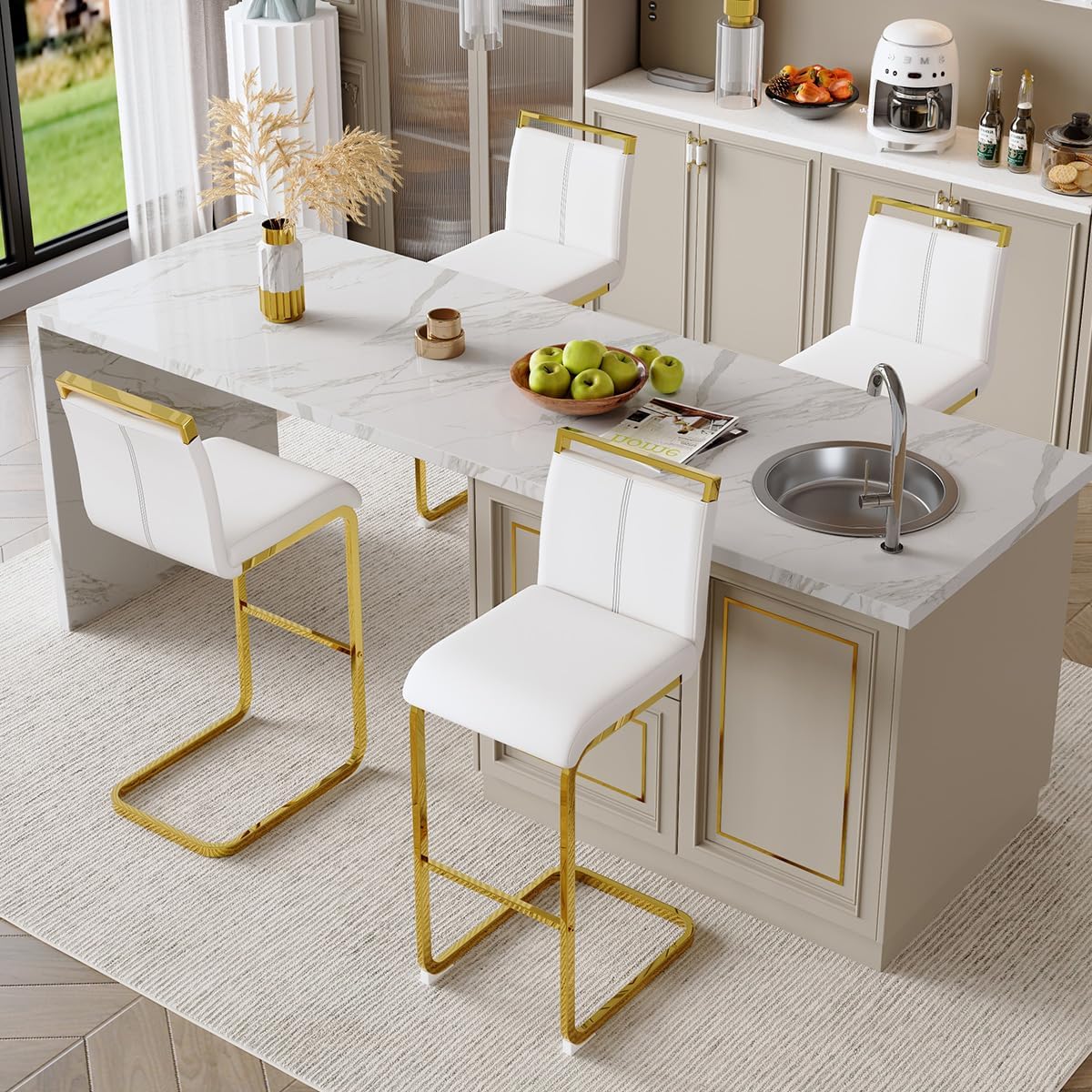 Counter Height Bar Stools Set of 4,30'' Bar Stools for Kitchen Island,White Barstools with Back,Metal Barstools with Gold Chrome Metal Leg,Counter Height Chairs for Pub Kitchen Counter