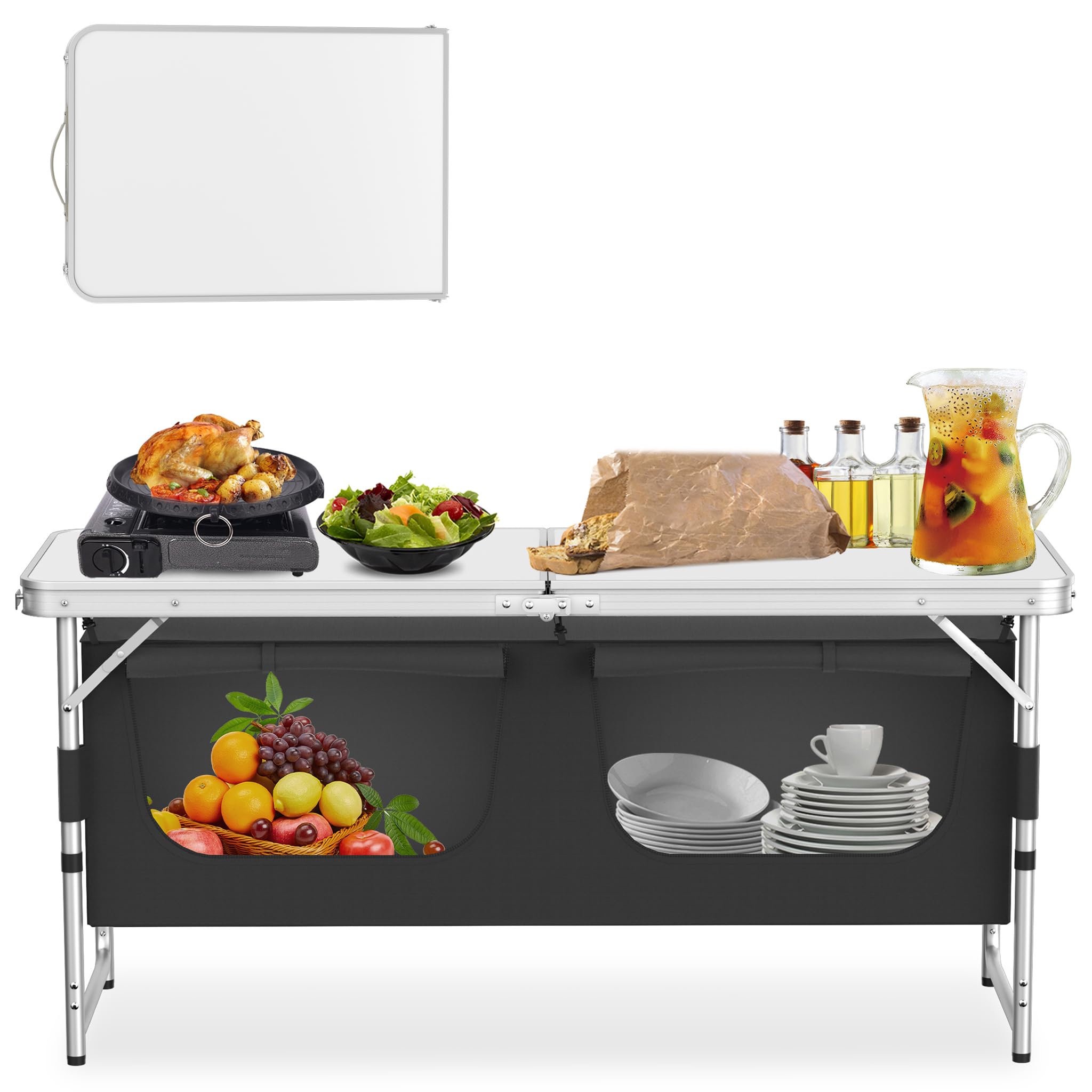 Campingschränke Outdoor Faltbare Campingküche aus Aluminiumgestell, Waschbare Oxford-Stoff & 5mm Dicke MDF Platten Mobiler Zeltschrank Küchenbox mit Tragtasche für Reise Strand Camping