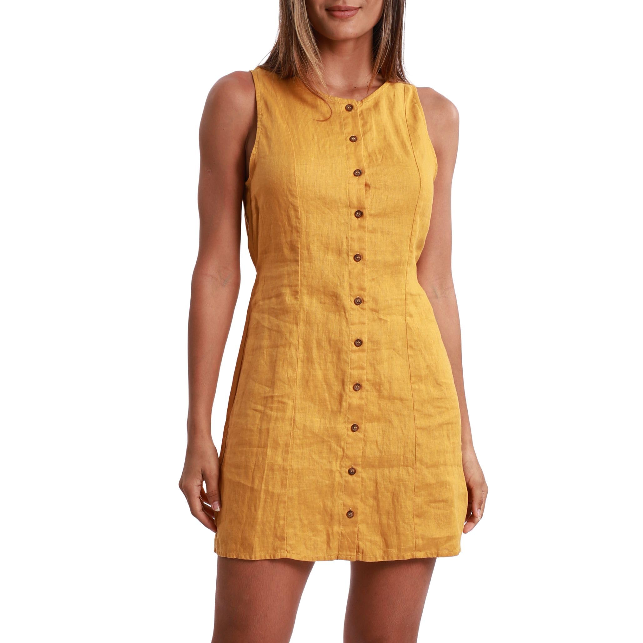 Amazhiyu Leinenkleid Damen, 100% Leinen Tank Kleider Sommer Kurz Ärmellos Sommerkleid Strandkleid Freizeitkleid Minikleid Button Down A Linien Kleid