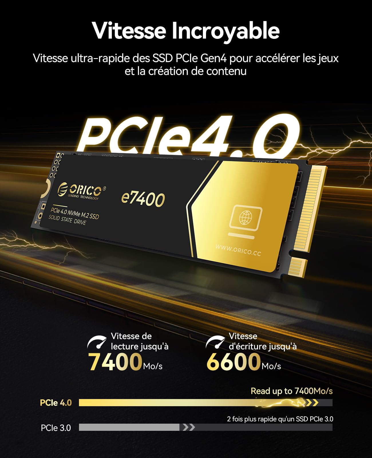 ORICO SSD 2To NVMe M.2, PCIe 4.0X4 - Jusqu'à 7400MB/s M2 SSD, 3D NAND Flash M.2 2280 Disque Dur Interne, Compatible avec macOS Windows pour Joueurs et créateurs-e7400
