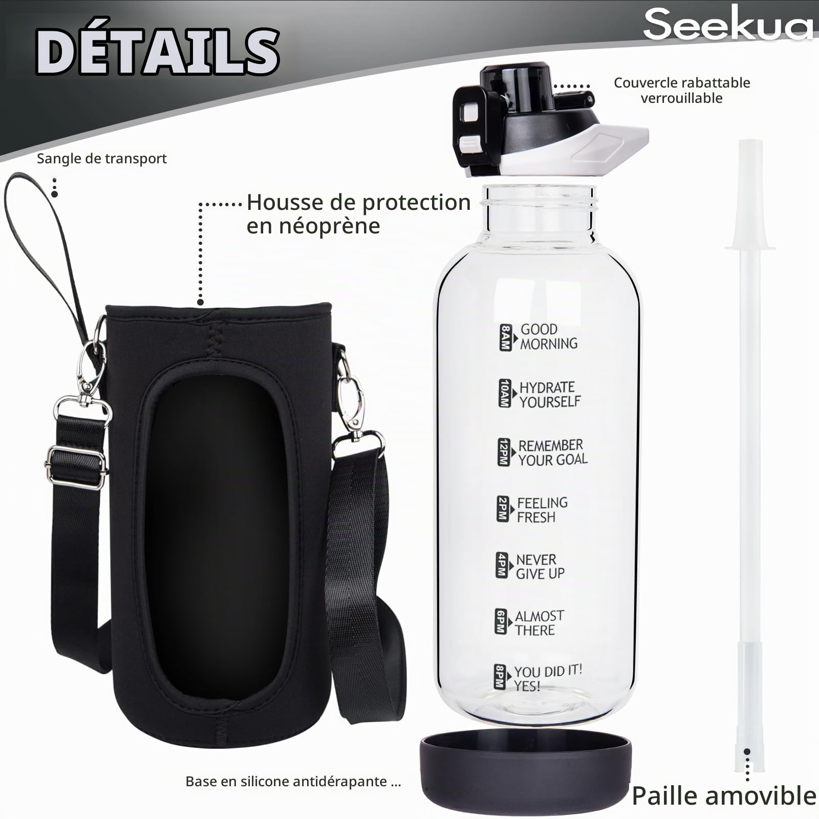 2l Sport Gourde Verre avec Paille & Heure de Motivation 2 litres grande Bouteille d'eau Verre Réutilisable sans BPA avec Marqueur de Temps