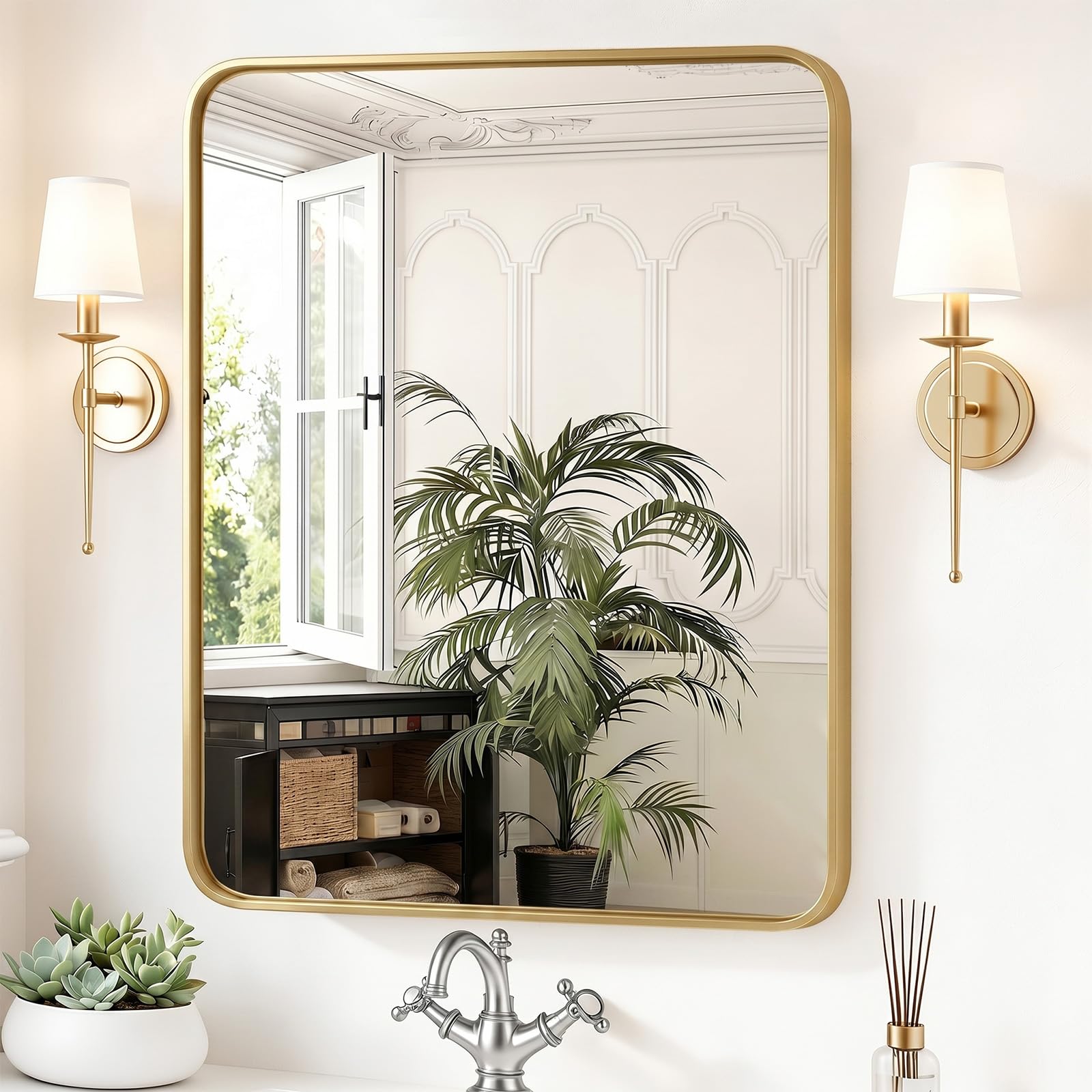 Sweetcrispy Bathroom Wall Mirror, 36x30 Inch Mirror for Over Sink, Gold