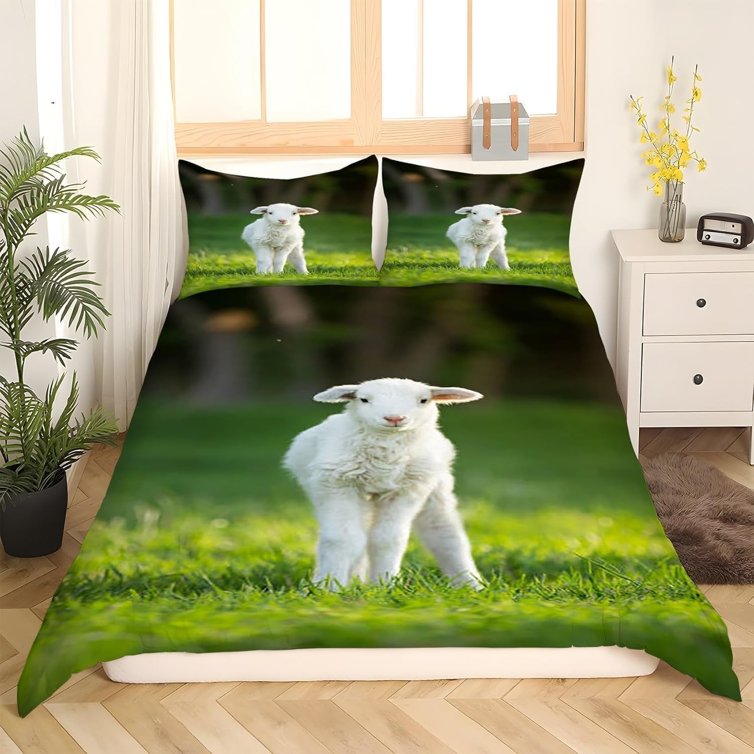 Komplet pościeli 220 x 240 cm, owcza, miękka pościel z mikrofibry, poszewka na kołdrę z nadrukiem 3D, zwierzęta gospodarskie, 3-częściowy, poszwa na kołdrę z zamkiem błyskawicznym i 2 poszewki na