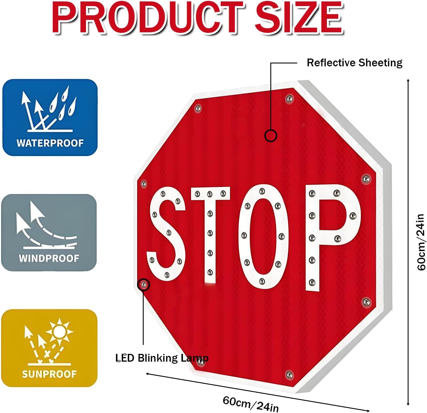 Heavy-Duty Solar LED Blinking Stop Sign - Aluminum Octagon Traffic Sign for Intersections & Crosswalks - Enhanced Safety & Visibility