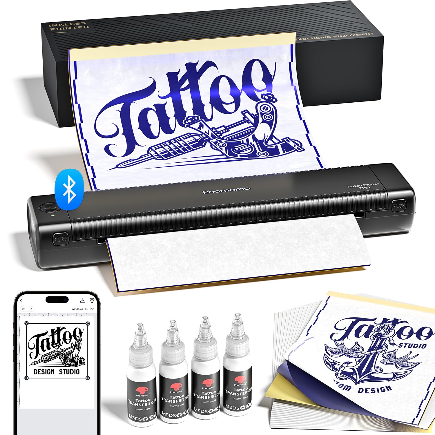 Phomemo TP81 Tattoo Printer with 4 Tattoo Gel & 20pcs Tattoo Transfer Paper, Stencil Printer for Tattoo Artists & Beginners, Thermal Tattoo Maschine Compatible with Phone&PC