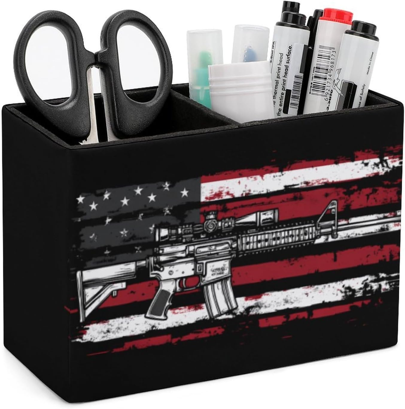 U.S Flag Guns Military Pencil Pen Holder PU Leather Desk Storage Organizer Makeup Brush Box